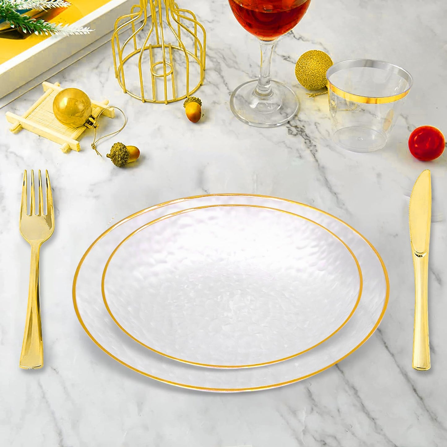 100 Pcs Hammered Plastic Plates with Gold Rim, Clear Plastic Plate 50 Disposable Heavy Duty 10 Inch Dinner Plates 50 Round 7 Inch Dessert Salad Plate for Party Wedding