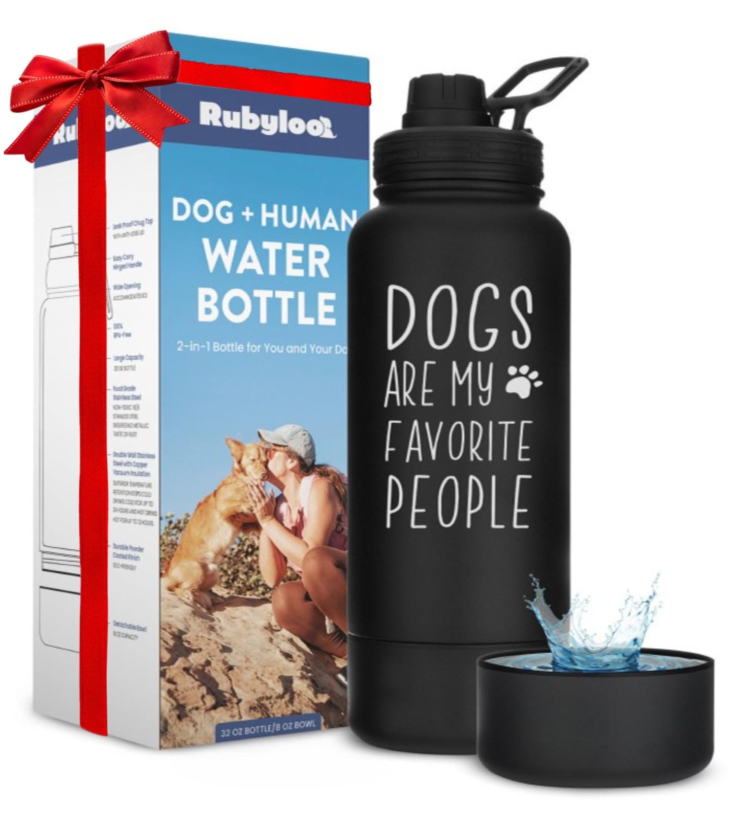Dog Water Bottle for Dog Lovers - 32 oz Stainless Steel Double Wall Insulated Water Bottle with 8 oz Detachable Bowl on Bottom- Ideal for Doggy Lovers - “Favorite People” Black