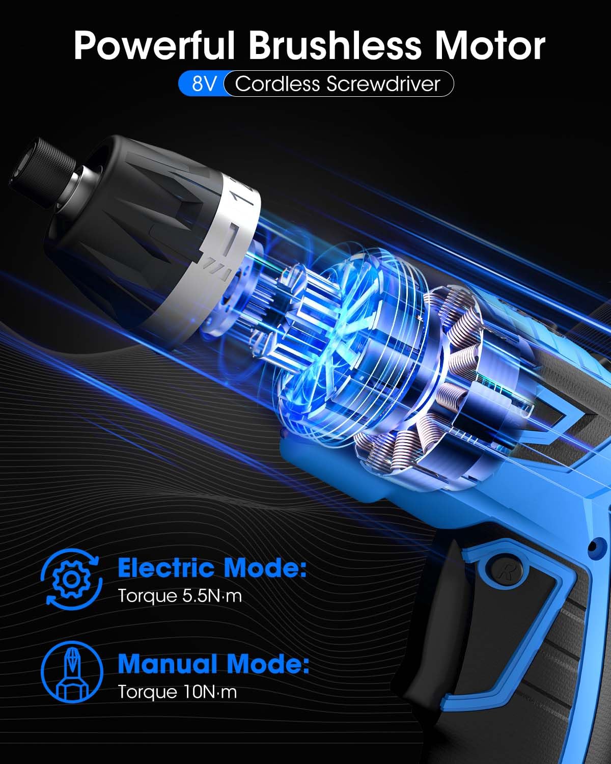 8V Cordless Electric Screwdriver,6+1 Torque Settings 10N·m 180°Adjustable Electric Screwdriver Set 50 Pcs Drill Rechargeable Battery,2Position Handle,Flexible Shaft,LED Light,for Home and Office.Blue