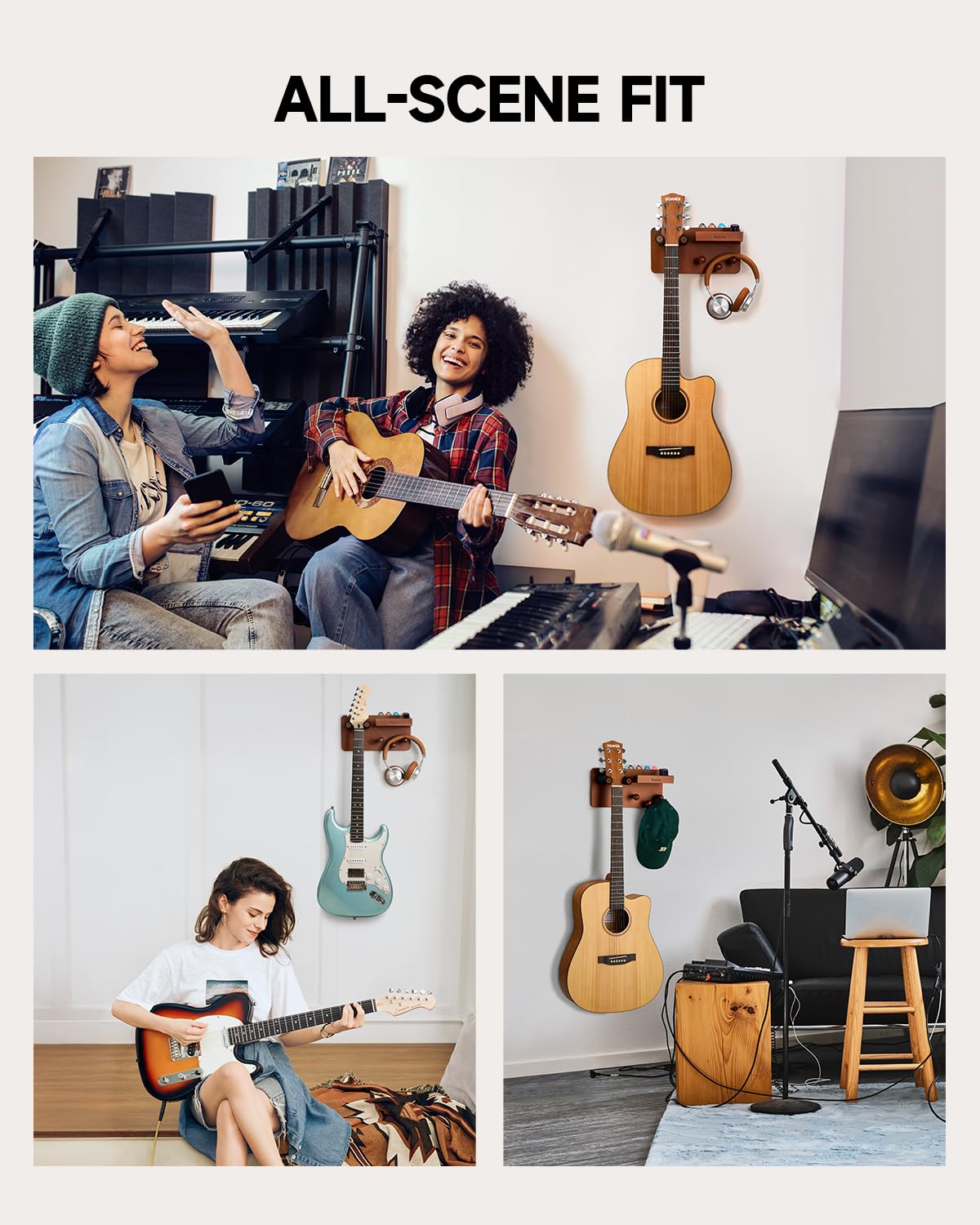 Donner Guitar Wall Mount with 3 Hooks, Wood Guitar Hanger with Shelf and Pick Holder, Wall Stand Rack for Acoustic, Electric, Bass, Ukulele