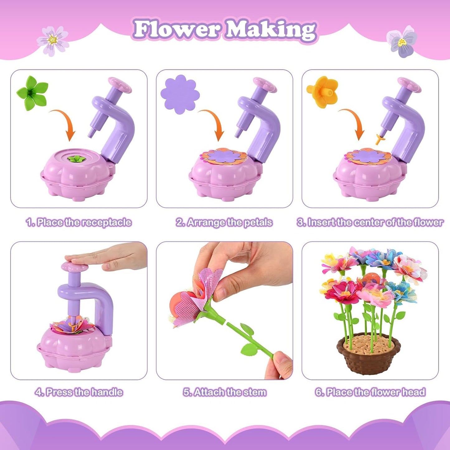 BlueSwan Girls DIY Fabric Flower Bouquets Toys, Kids' Flowers Press Kits, Poke-in Arts and Crafts Birthday Gifts for 4-12 Year Old Girl, Lovely Mothers Day Gifts 36 Flower Holders, Interactive Toy