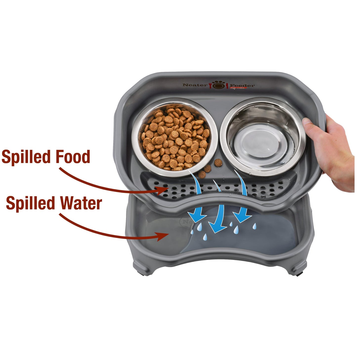 Neater Feeder Express for Cats - Mess Proof Pet Feeder with Stainless Steel Food & Water Bowls - Drip Proof, Non-Tip, and Non-Slip - Gunmetal Grey