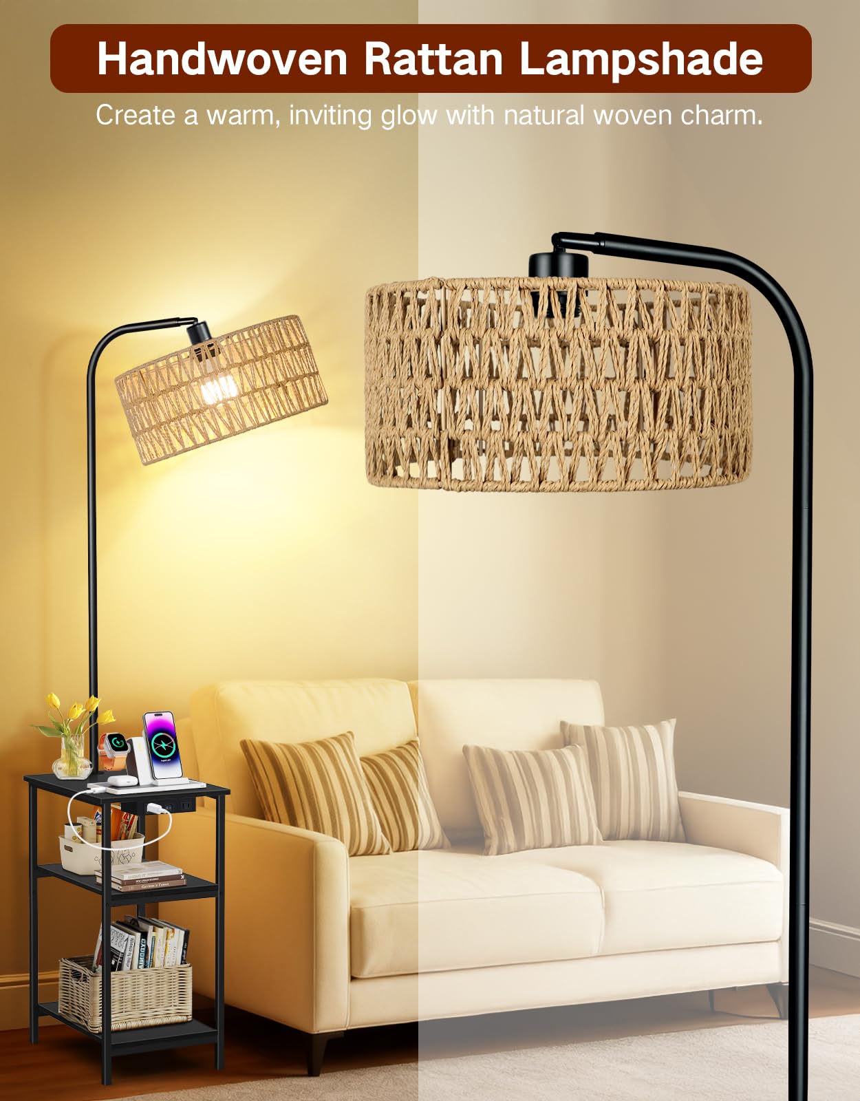 OUTONLIFE Floor Lamp with Table & Rattan Shade, Side End Table with Charging Station, Dimmable Nightstand with 3 Color Temperatures, 1-Hour Timer, 12W LED Bulb, for Living Room, Bedroom(Black)