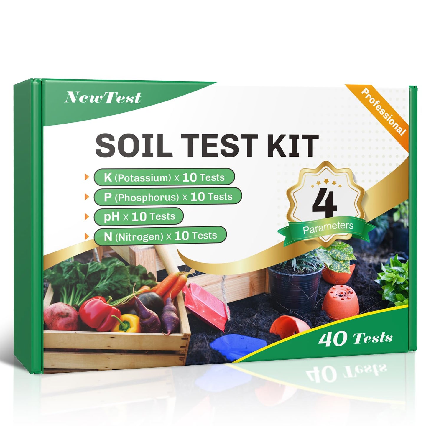 NewTest Soil Test Kit 4 Parameters: Professional Accurate 40 Tests Soil Testing Kits for Lawns Gardening Vegetable Garden for pH Nitrogen Phosphorus Potassium (40)