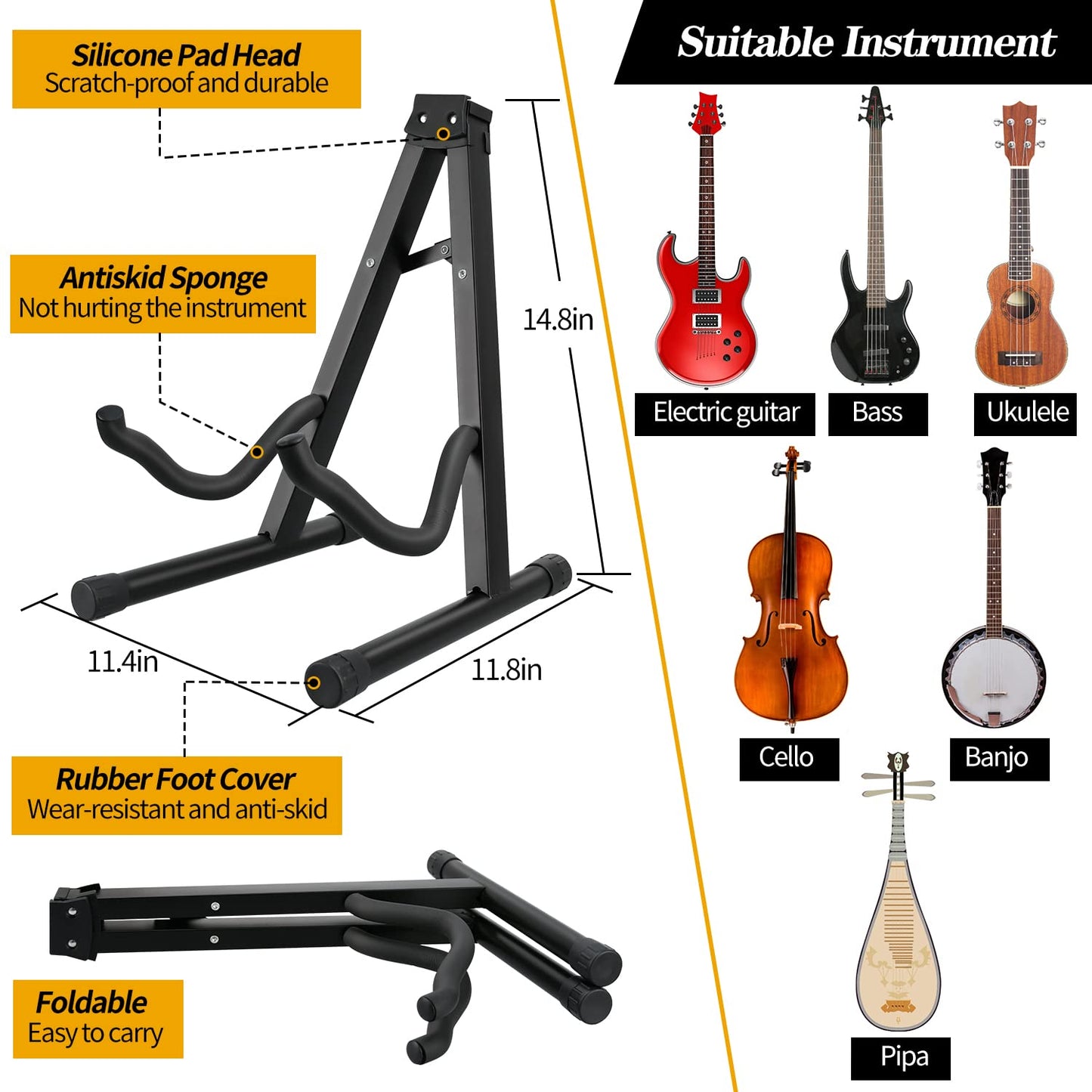 Mdvora 3pcs Guitar Accessories Kit - Gig Bag, Folding Stand, Adjustable Strap for Acoustic, Classical, Bass Guitar