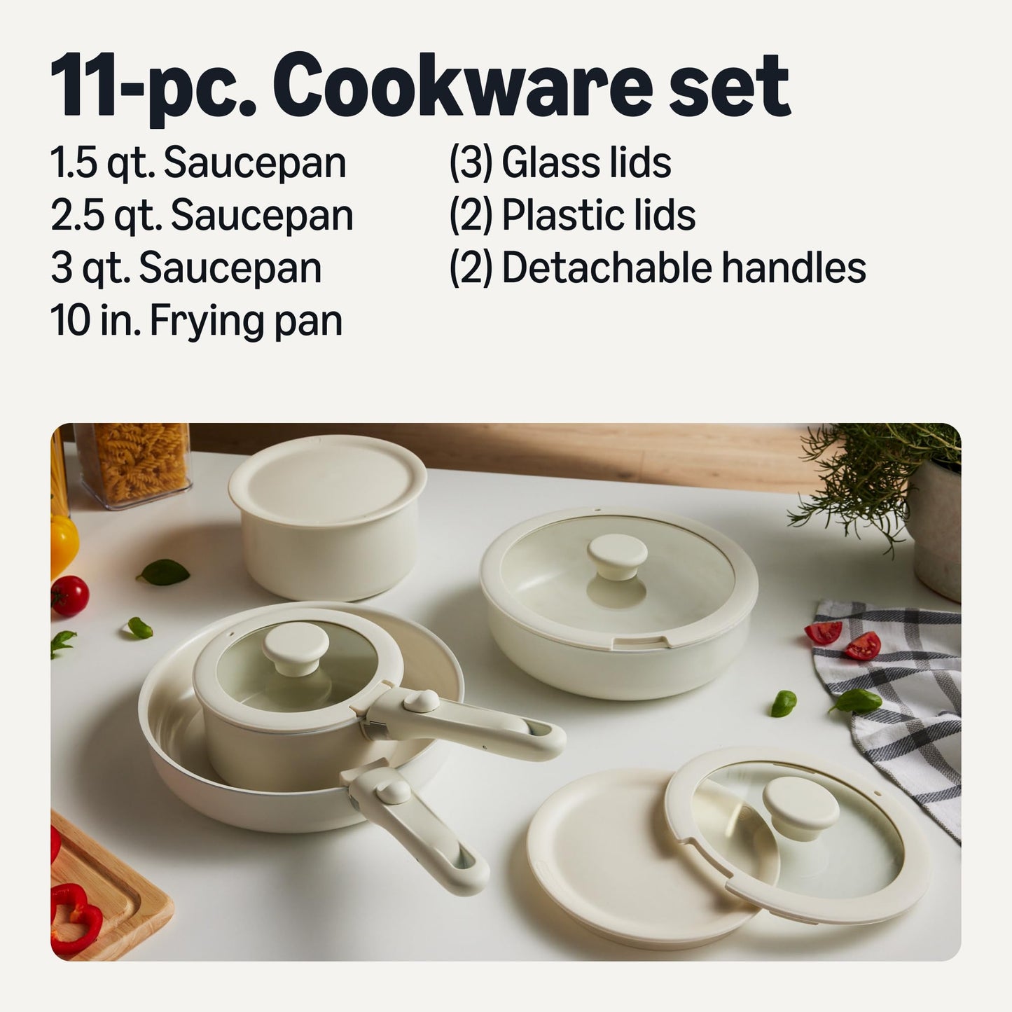 Amazon Basics Ceramic Nonstick Cookware Set with Detachable Handles, 11-Piece Stackable, All Cooktop Friendly, Dishwasher-Safe, Includes Saucepan, Frying Pan, Glass and Plastic Lids, Linen Gray
