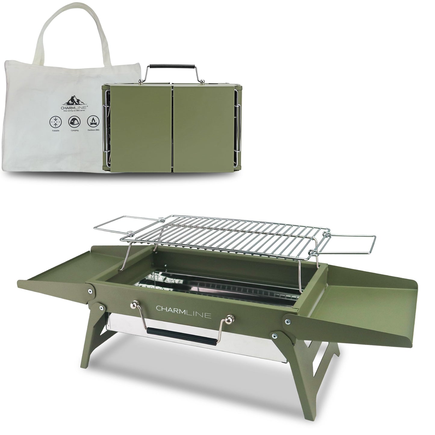 Charmline 35 x 23cm Small Foldable Portable Grill Charcoal, Compact Portable Grill, Desktop Charcoal Grill, BBQ Grill for Camping, Picnics, Gardens and Beach Parties, Green