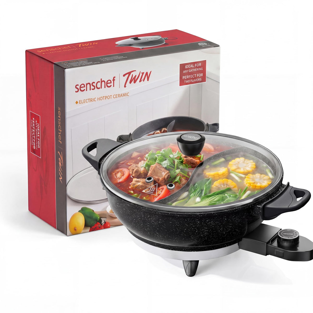 SENSCHEF TWIN™ Electric Hot Pot with Divider | Dual-Flavor Shabu Shabu Hotpot | EvenHeat Cast Aluminum Nonstick | 1500W Fast Heating Electric Hot Pot | Hot Pot Set for Family & Parties | Granite Black