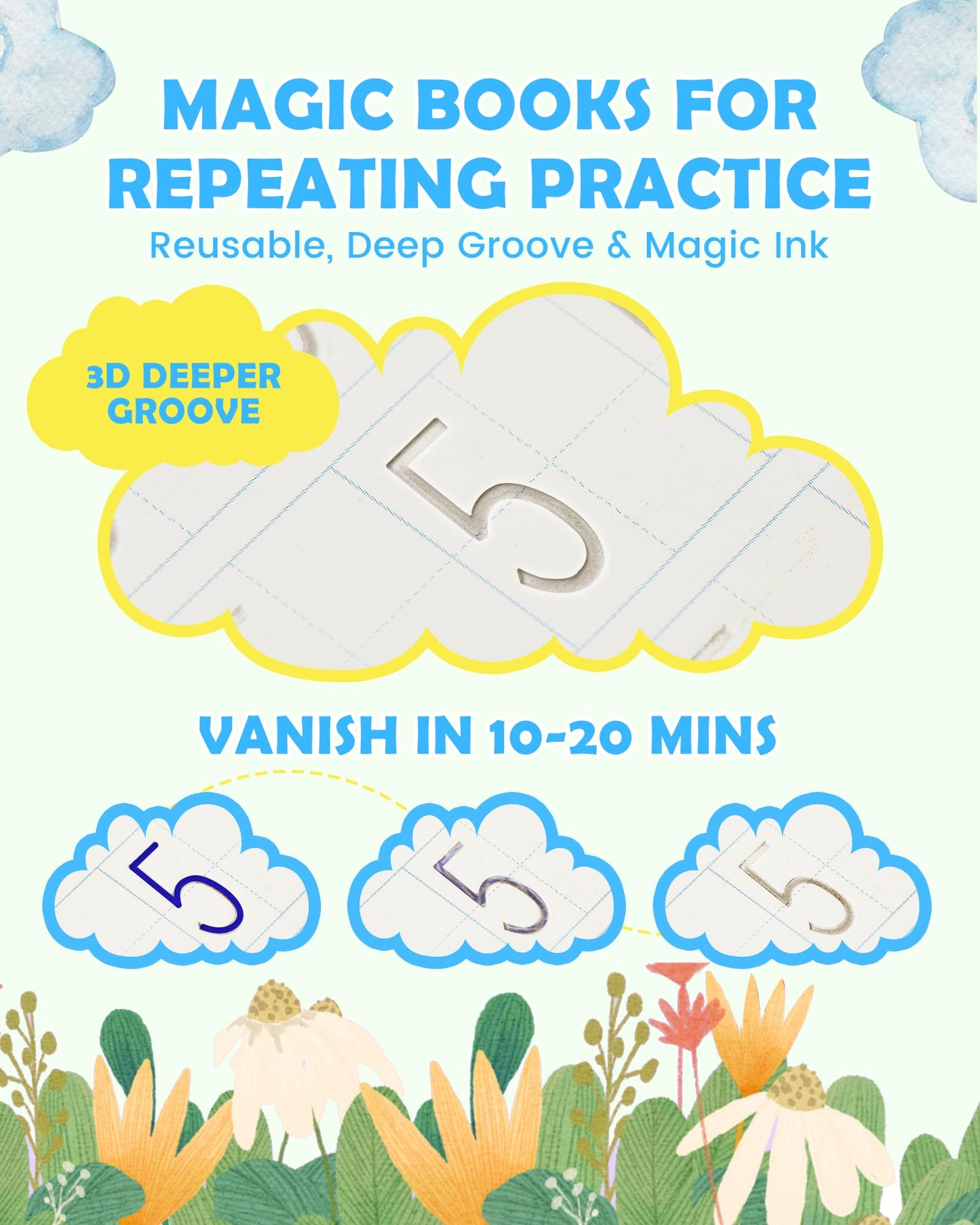 Magic Handwriting Practice Copybook, Large Grooved Handwriting Practice for Kids 3-8, Toddler Writing Practice Math Calligraphy, Letter Tracing for Kindergarten Preschool, 24x16cm