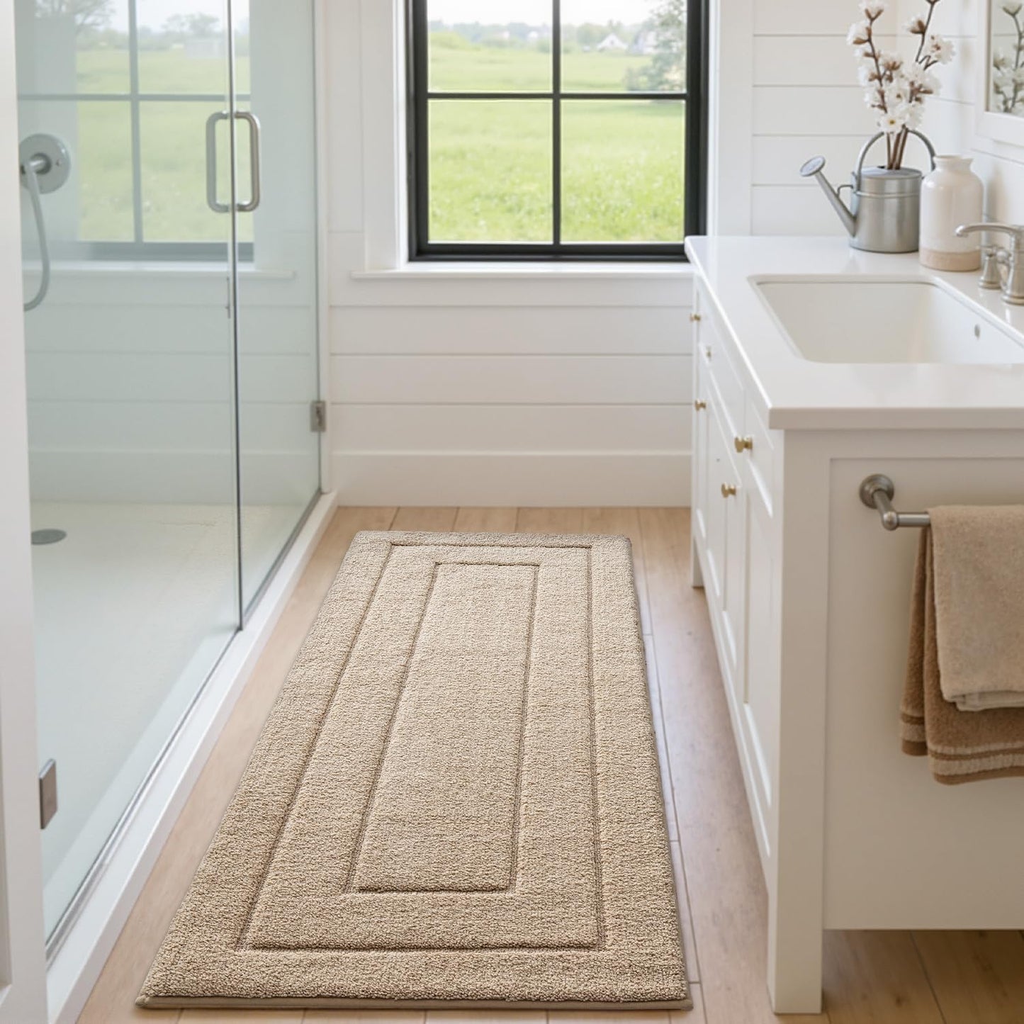 DEXI Bath Mat Non Slip, 24x60 Absorbent Microfiber Soft Bathroom Rug, Machine Washable Carpet for Shower Floor Bathmat Decor, Beige