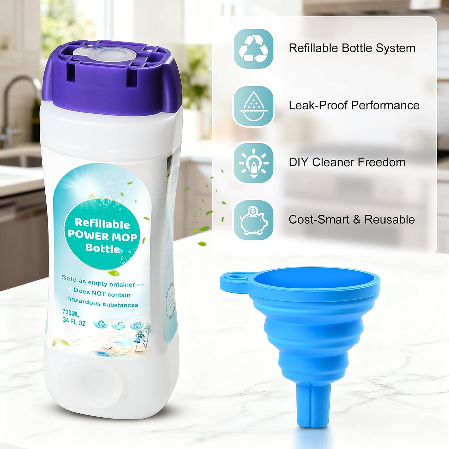 DrFlito Refillable Bottle Compatible with Swiffer Power Mop – 720ML / 24 FL.OZ Leak-Proof HDPE Reusable Solution Container with 7 Sealing Pads & 1 Folding Funnel, Use Any Liquid Cleaner,Empty