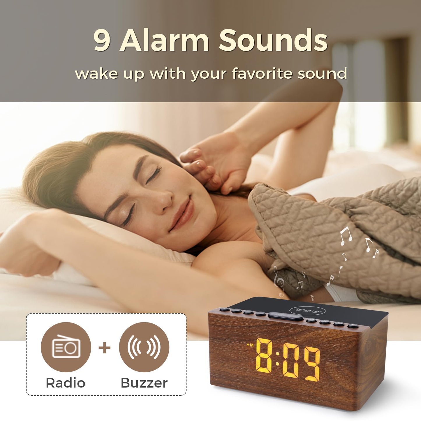 ANJANK Wooden Digital Alarm Clock FM Radio for Bedrooms,10W Fast Wireless Charger Station for iPhone/Samsung Galaxy, 5 Level Dimmer, USB Charging Port, 9 Wake up Sounds, Sleep Timer, Snooze, Bedside