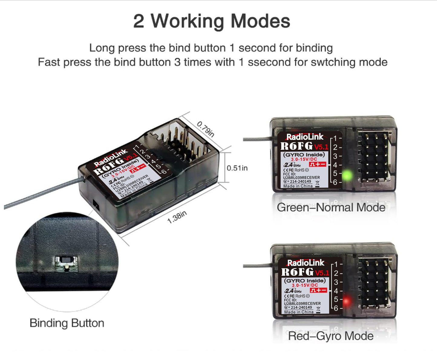 Eighteenup Radiolink R6FG 6 Channels 2.4GHz Surface Receiver Works with Radiolink Remote Controller RC4GS V2/RC4GS/RC6GS V2/RC6GS for RC Car&Boat(2 Pcs)