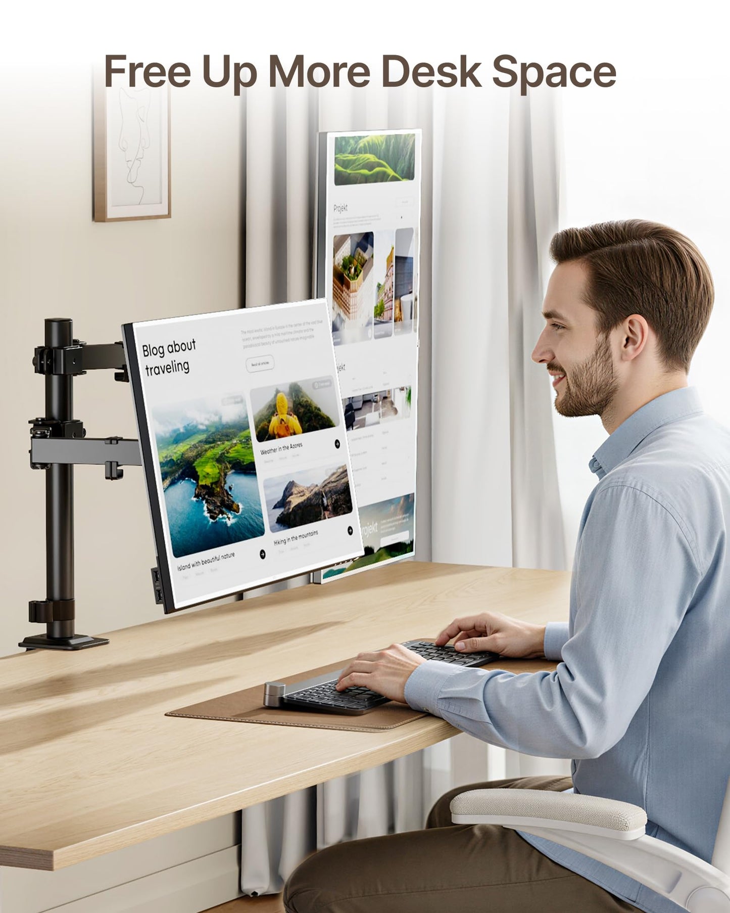 monTEK Dual Monitor Stand for 17"–32” Computer, Adjustable Height Stable Monitor Mount Fit up to 32 inch Screen, Hold up to 22lbs Weight, C-Clamp and Grommet, VESA 75x75mm/100x100mm