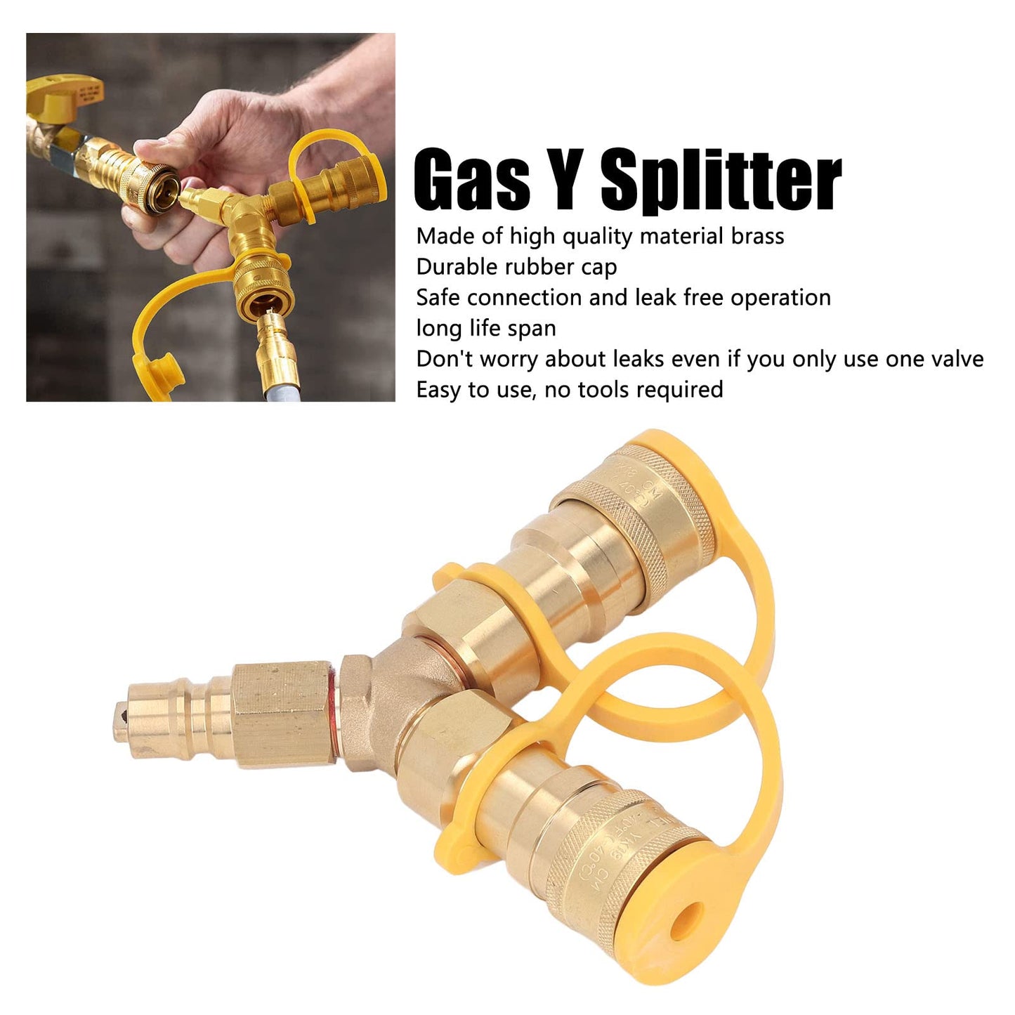 3/8" Natural Gas Quick Connect Y Splitter with Brass 2 Way Adapter - Safe Auto Close Propane Splitter for Gas Grills, Patio Heater, Pizza Oven & RV Generator Use,Natural Gas Conversion Kit