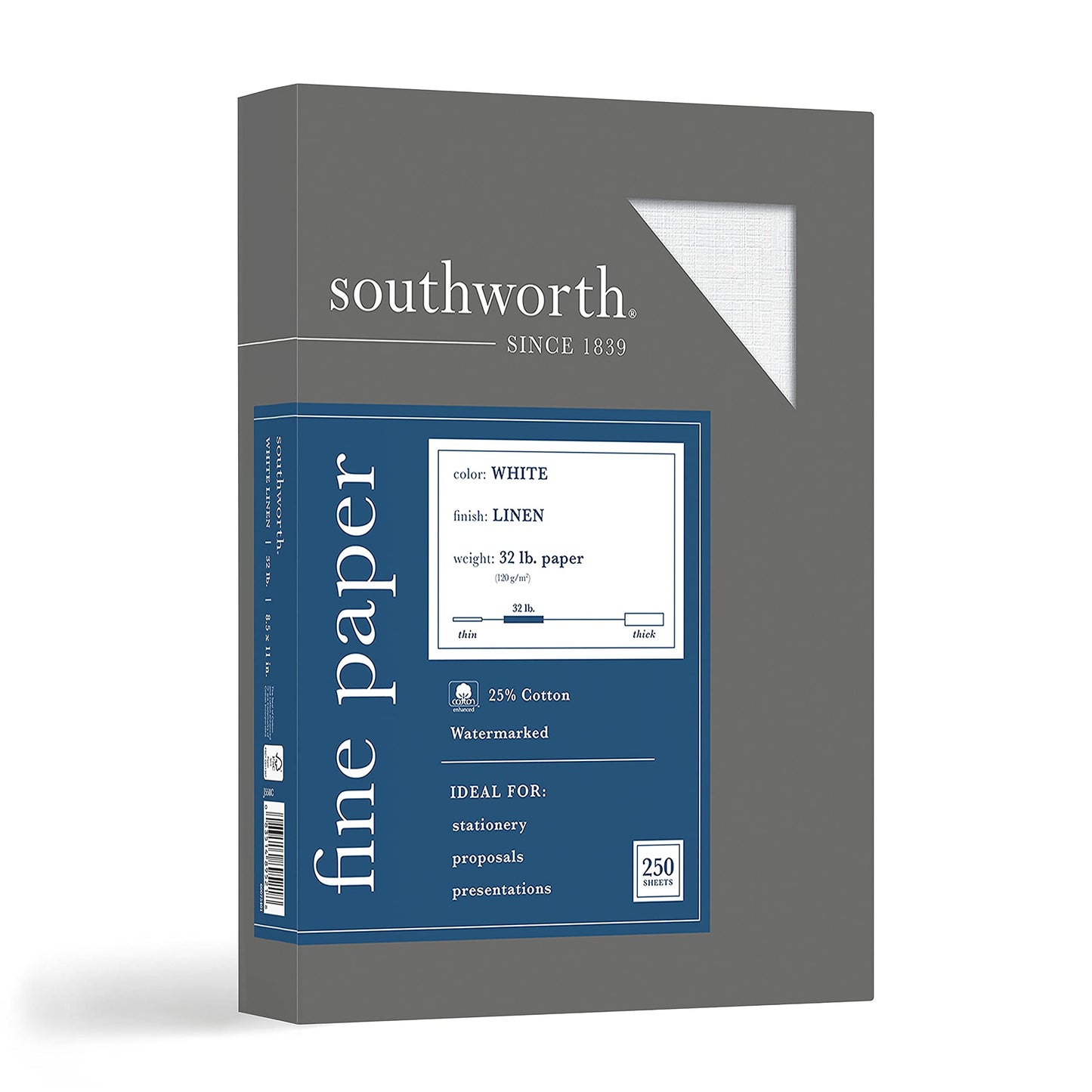 Southworth 25% Cotton Linen Business Paper, 8.5 x 11 Inches, 32 lb, White, 250 Sheets per Box (J558C)