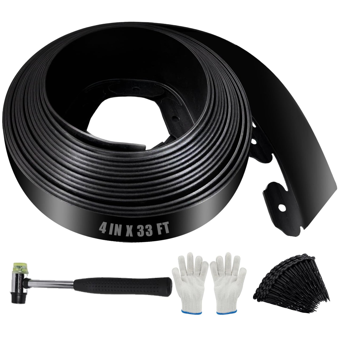 33Ft Garden Edging Kit with 100 Spikes - 4 Inch Tall Flexible Landscape Border for Flower Beds, Lawn, Yard & Landscaping, Black