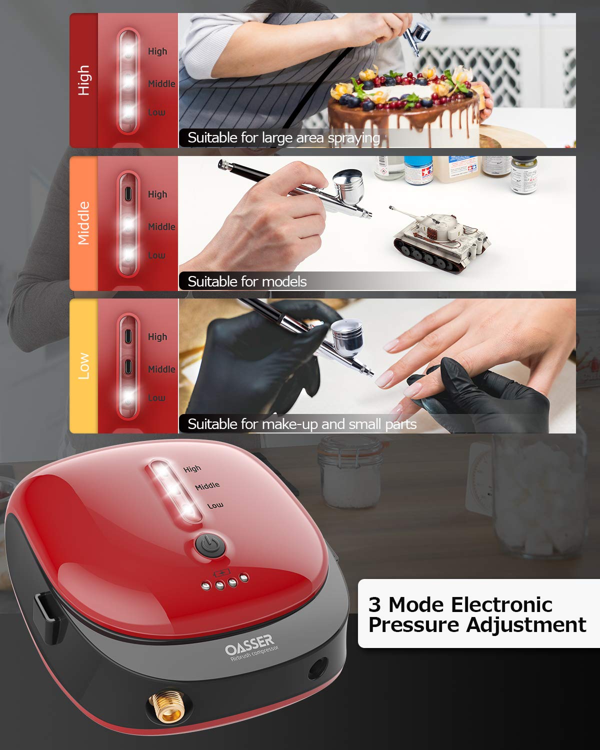Oasser Airbrush Kit with Compressor 1000mAh Portable Airbrush Compressor Rechargeable with LED Lights for Painting Modeling Makeup Art Creation Suitable for Beginners Red