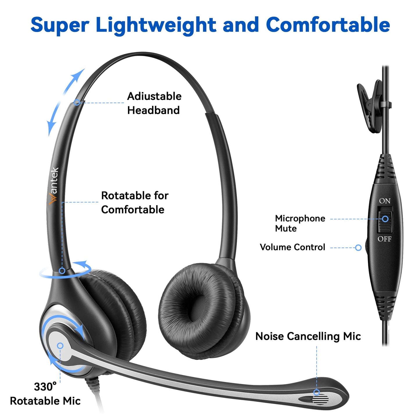 Wantek 2.5mm Telephone Headset Binaural with Noise Canceling Mic for Cisco Linksys SPA Grandstream Polycom Panasonic Zultys Siemens Gigaset Uniden AT&T Office IP and Cordless Dect Phones