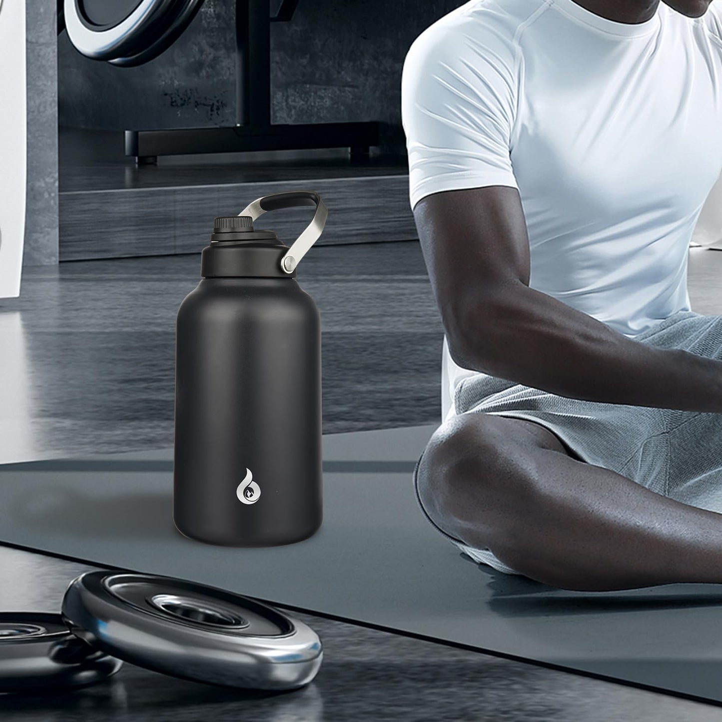 BJPKPK One Gallon(128oz) Insulated Water Bottle, Dishwasher Safe Stainless Steel Metal Water Jug, BPA Free Thermos with Spout Lid & Handle, Large Water Bottle, Black