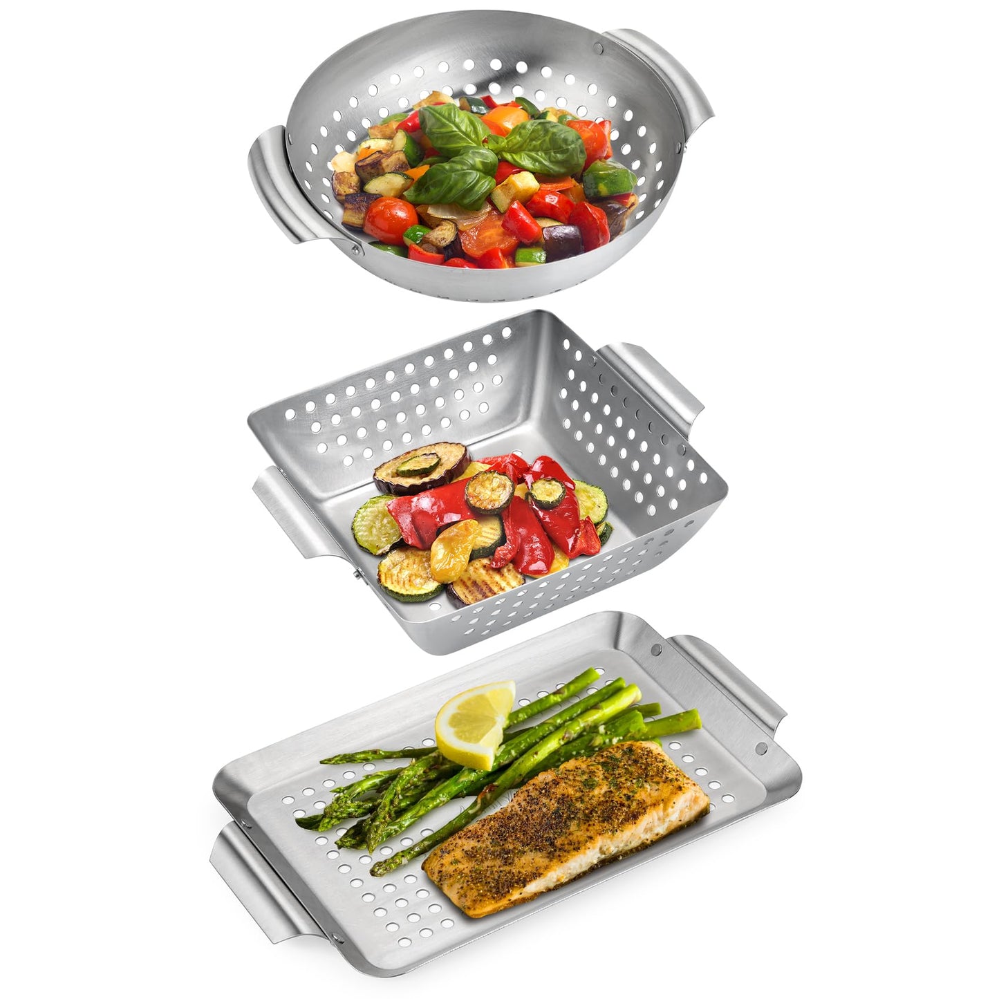 Onlyfire 3 Pack Grill Baskets, Stainless Steel Vegetable Baskets, Mini BBQ Grilling Basket Set, Grill Pan for Outdoor Grill
