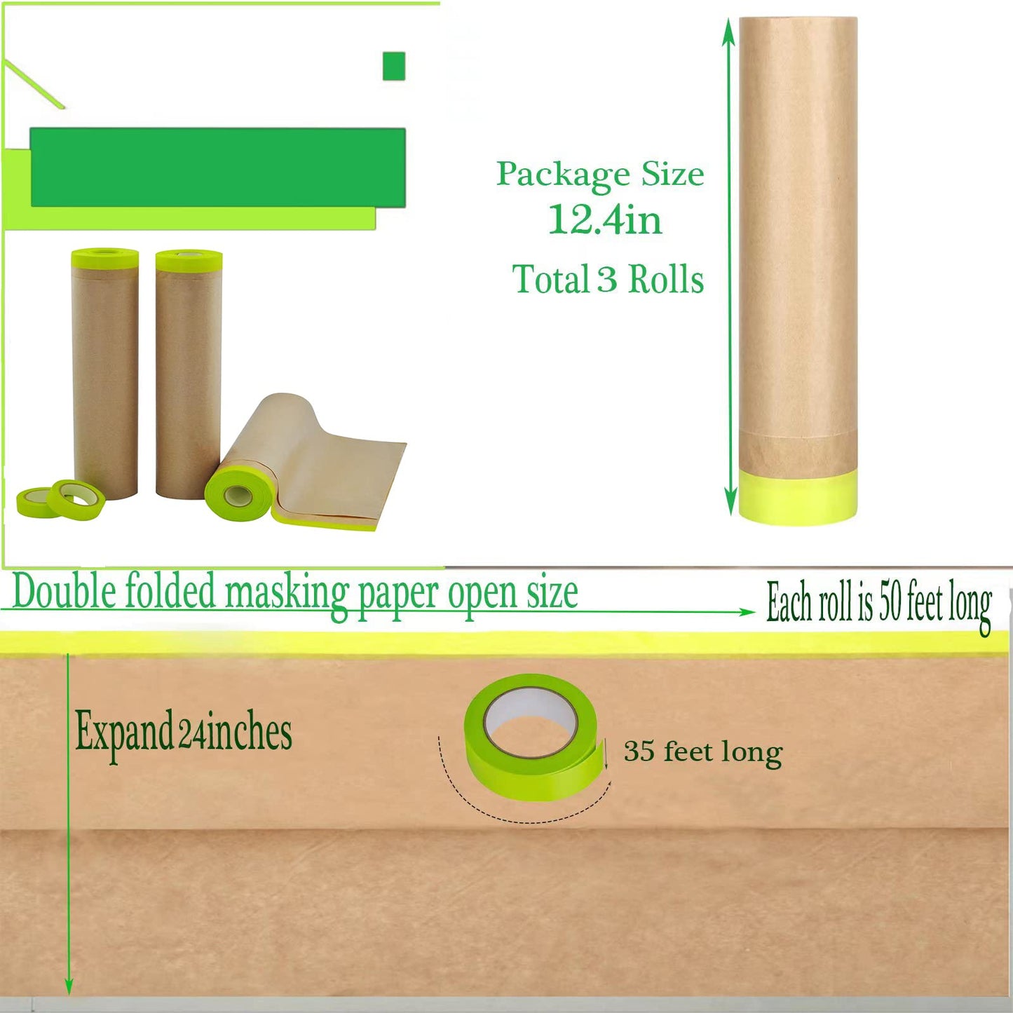 Pre-Taped Masking Paper for Painting-24 inch x 50 feet Tape and Drape for Painting, Painters Paper for Automotive Paint Masking, Floor Protection,Wall Covering（3 Rolls）