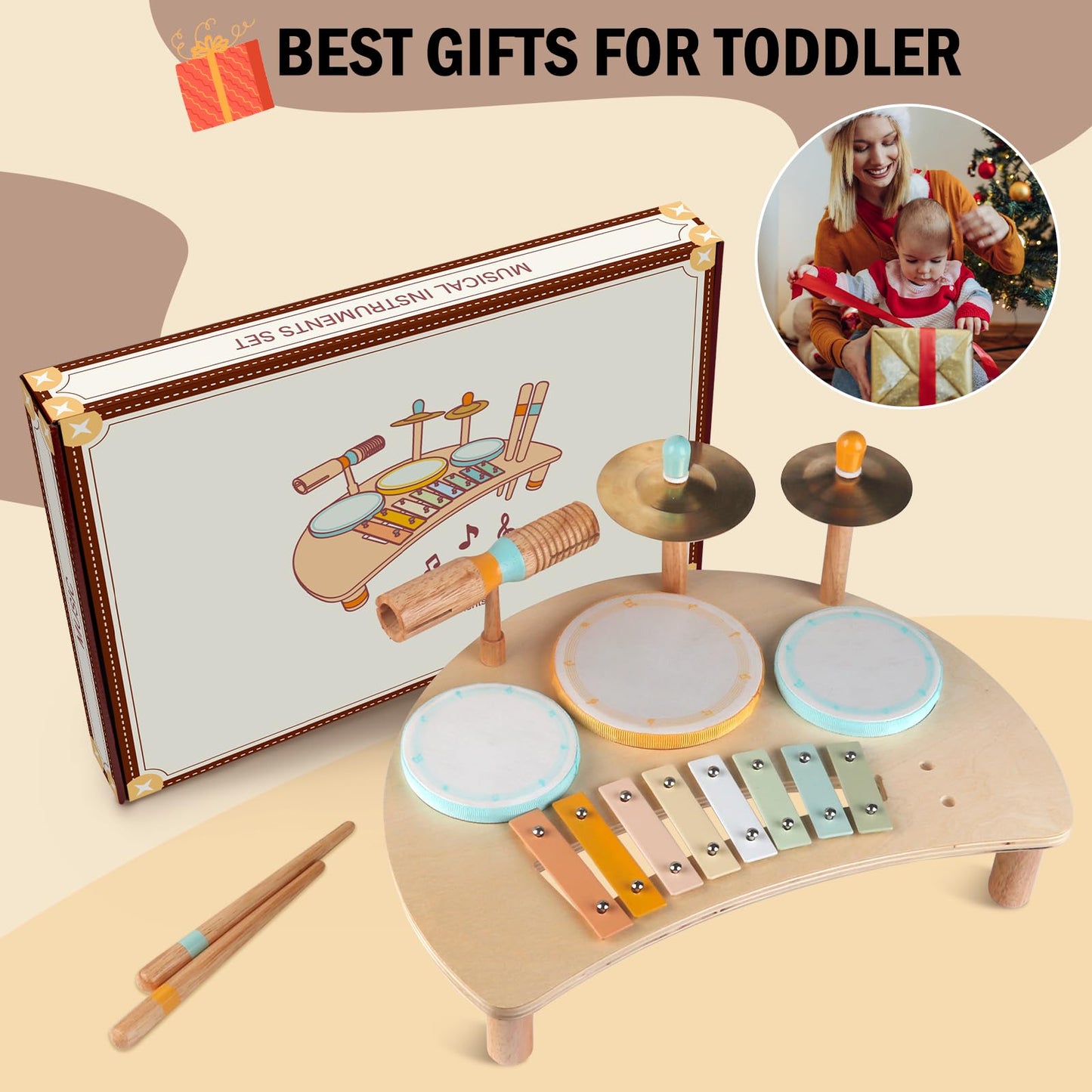Toddlers Drum Set Toys for 1 Year Old Boy Girls,Baby Drum with Xylophone for Toddlers 1-3,Musical Instruments, Kids Wooden Montessori Toys for Babies, Christmas Birthday Gifts for Age 1 2 3+