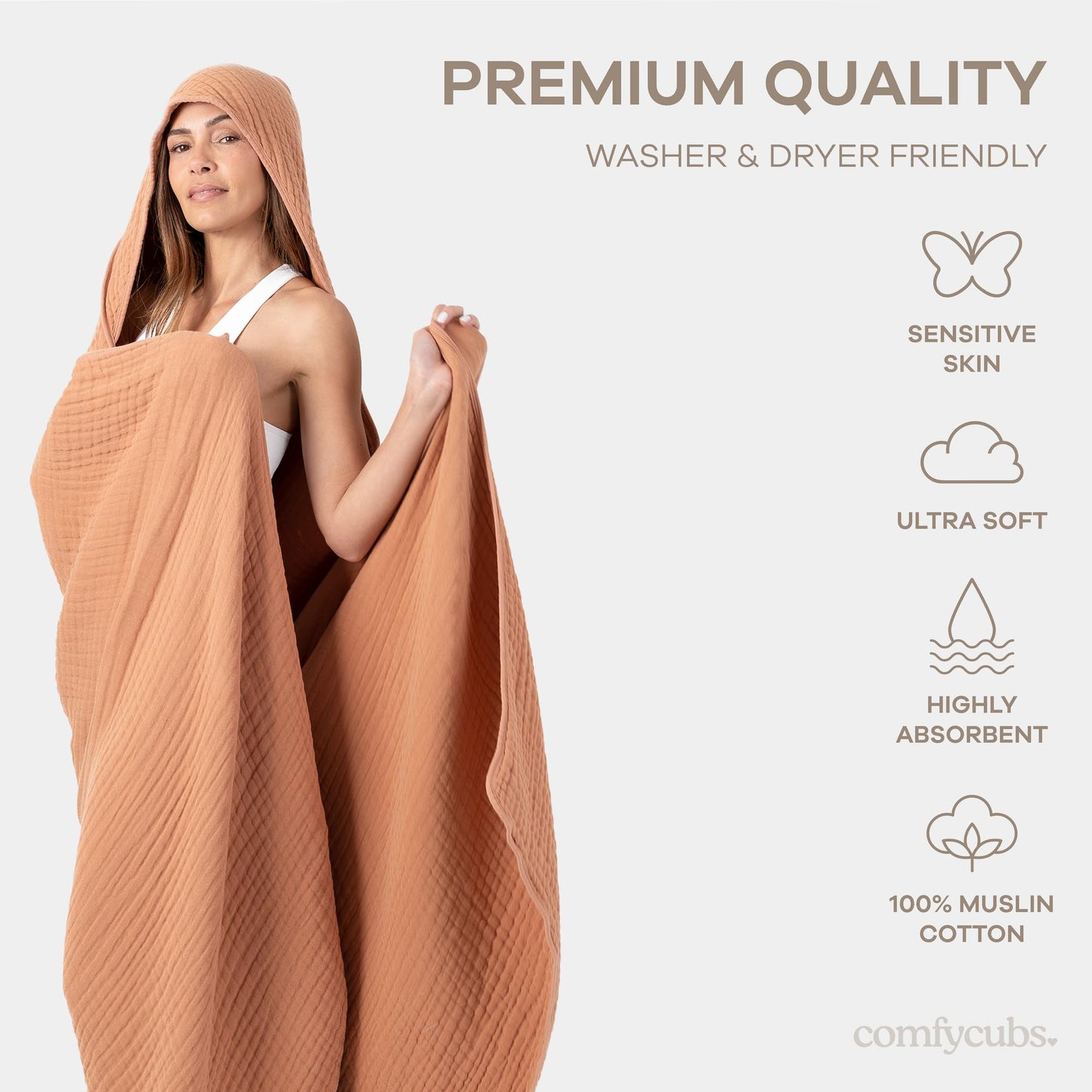 Comfy Cubs Adult Blanket - Hooded Towel, Muslin Cotton - Large, Absorbent Bath Towels - for Beach & Bath - Stylish Blanket with Hood, Perfectly Oversized Hooded Towel for Grown Ups, Caramel