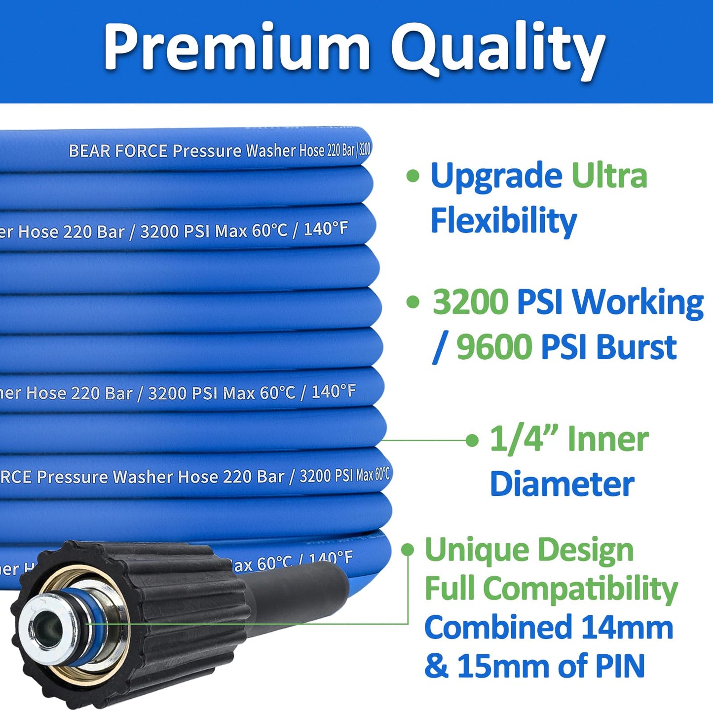 Super Flexible Pressure Washer Hose M22 Brass Fitting 32ft 1/4" 3200PSI, Kink Resistant Extension Hose,Power Washer Hose Replacement for Ryobi, Troy Bilt, Greenworks, CRAFTSMAN Most Brand Power Washer