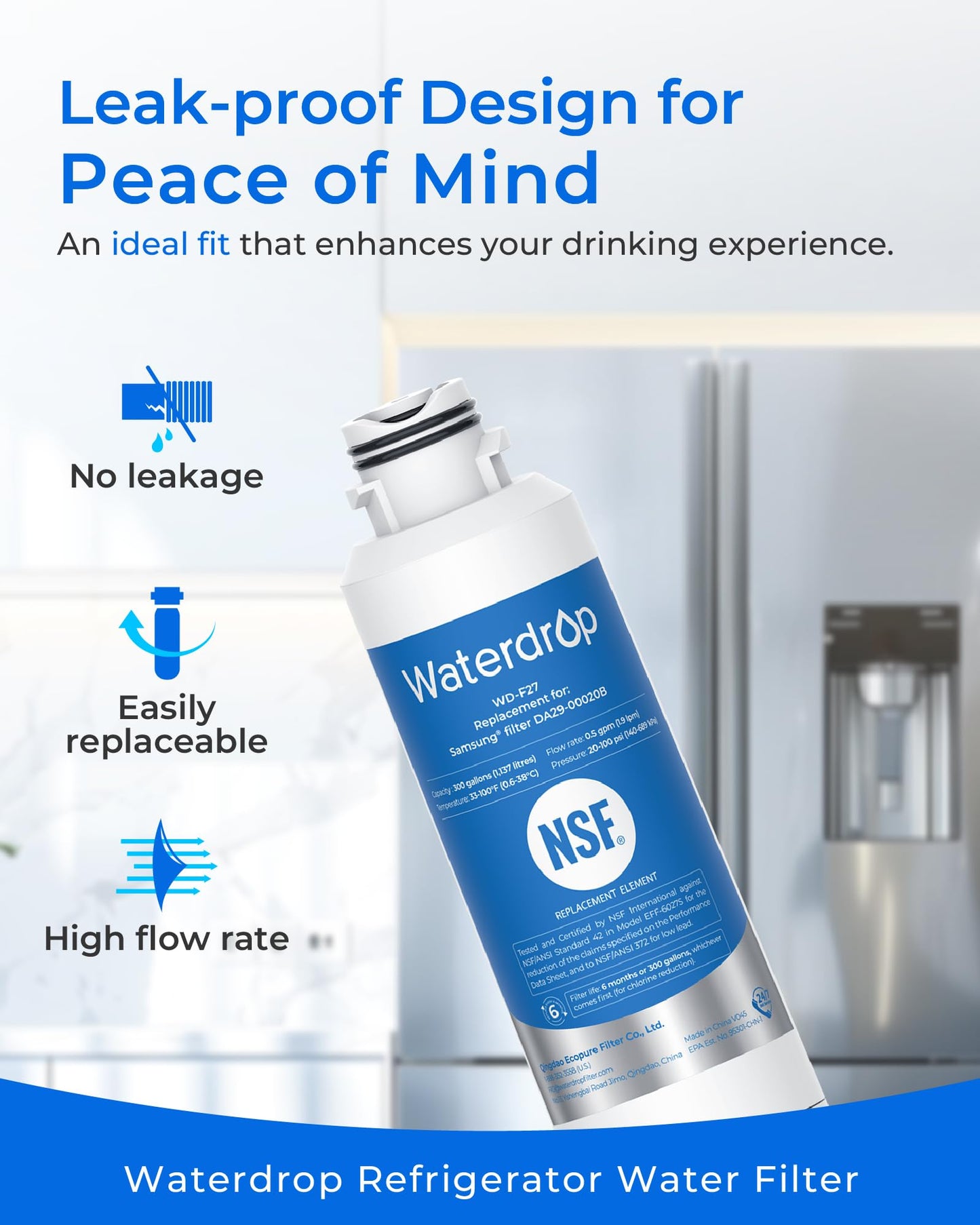 Waterdrop Refrigerator Water Filter, Replacement for Samsung HAF-CIN/EXP, DA29-00020B, DA97-08006A, RF263BEAESR, RF28HMEDBSR, RF263TEAESG, RF4287HARS, 3 Filters