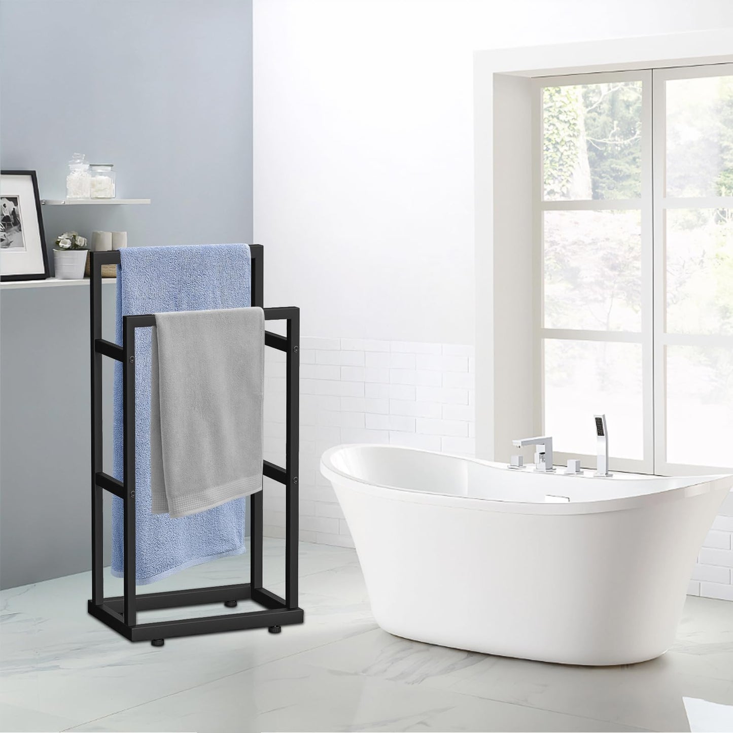 Free Standing Towel Racks for Bathroom, 2 Tier 43" H Freestanding Towel Holder, Floor Towel Drying Rack for Hand Towel Matte Black