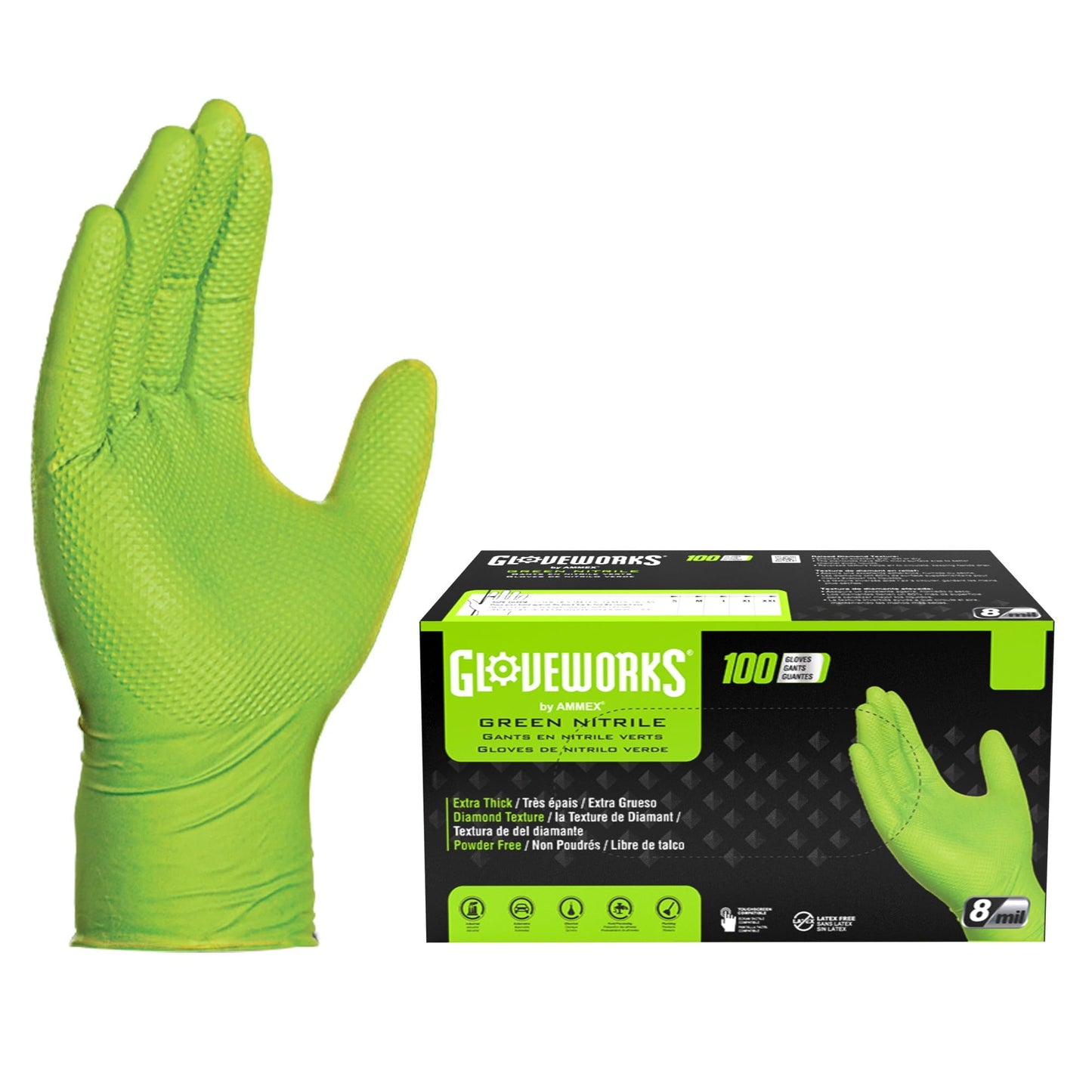 AMMEX Heavy Duty Green Nitrile 8 Mil Disposable Gloves - Extra Thick, Diamond Texture, Powder Free, Medium, Box of 100