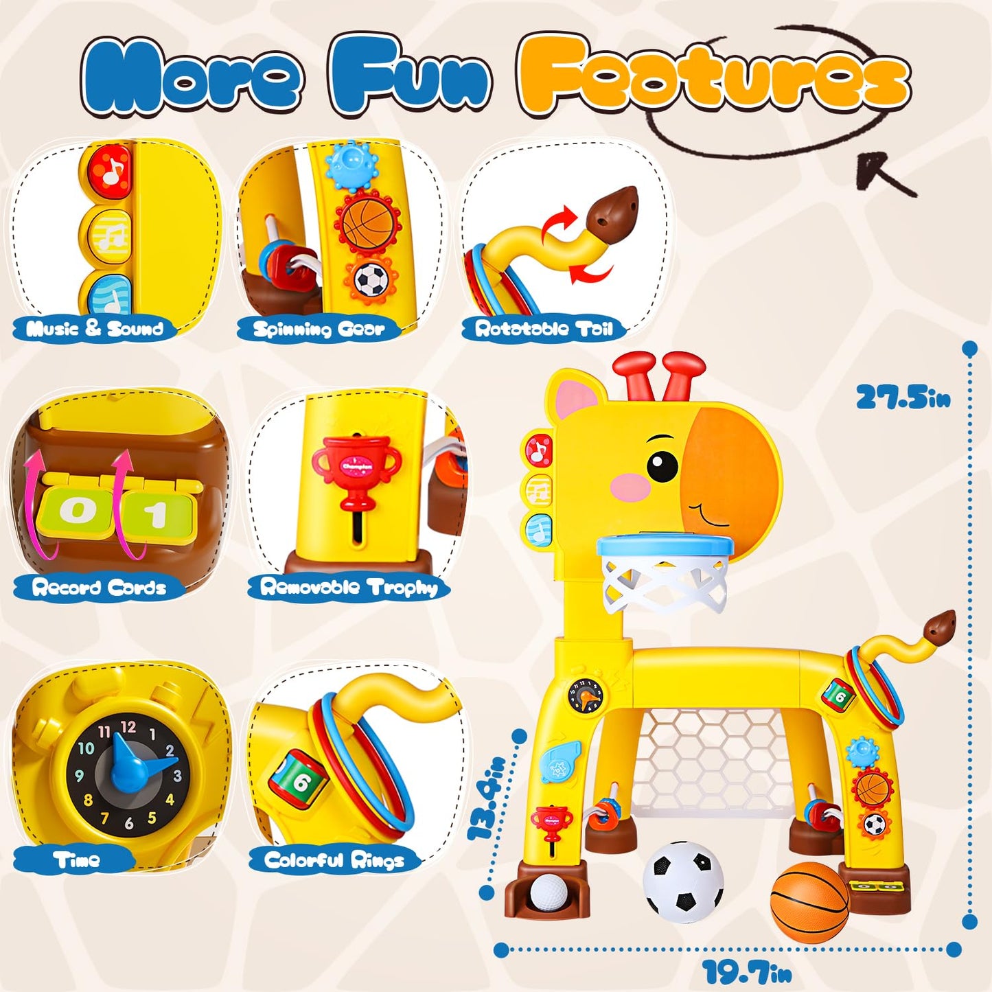 4-in-1 Toddler Basketball Hoop, Soccer Goal, Golf Toy & Ring Toss Game with Lights and Music, Kids Sports Activity Center Gifts for Boys and Girls Ages 1-3