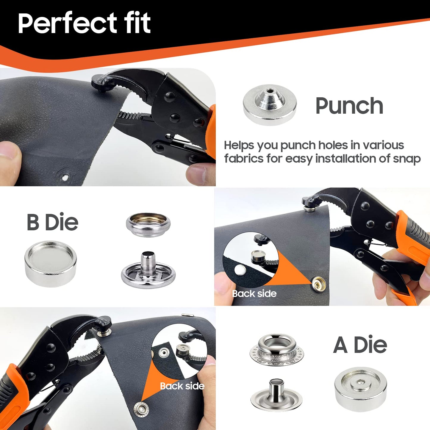 Heavy Duty Snap Fastener Tool kit, Punching Function, Snap Button Tool with Adjustable Setter, 15mm snap Tool Includes 100 Sets Marine Snaps