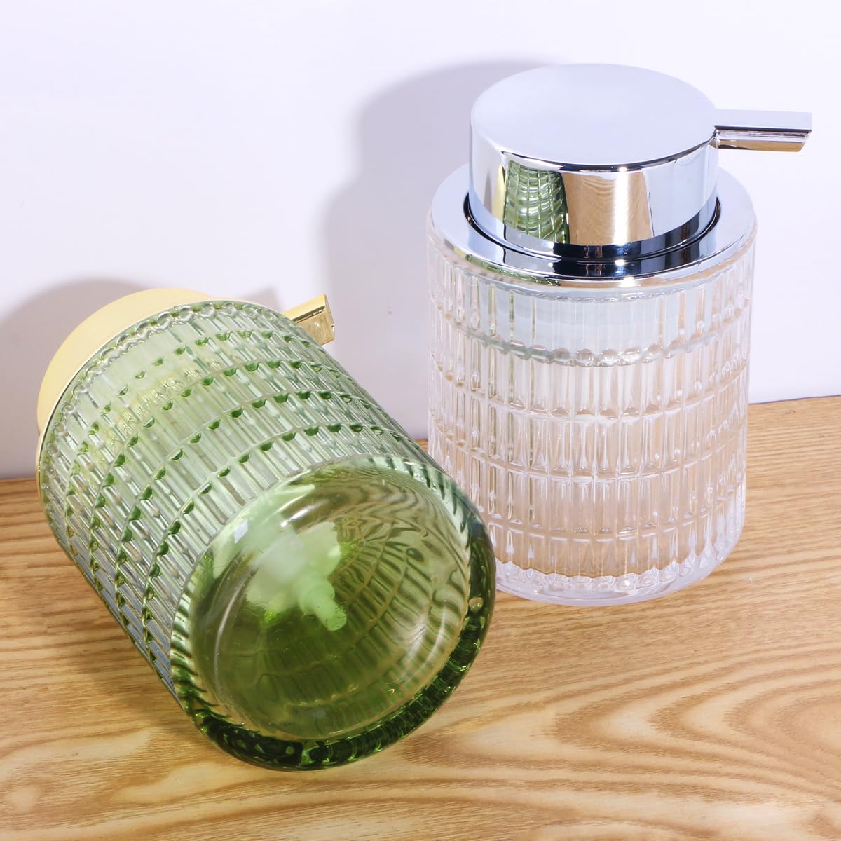 Tonxus Foaming Soap Dispenser,10 Oz Glass Foam Hand Soap Dispenser for Bathroom and Kitchen,Refillable Foaming Pump Bottle with Large Pump,Modern Striped Dish Soap Foam Dispenser (2, Green)