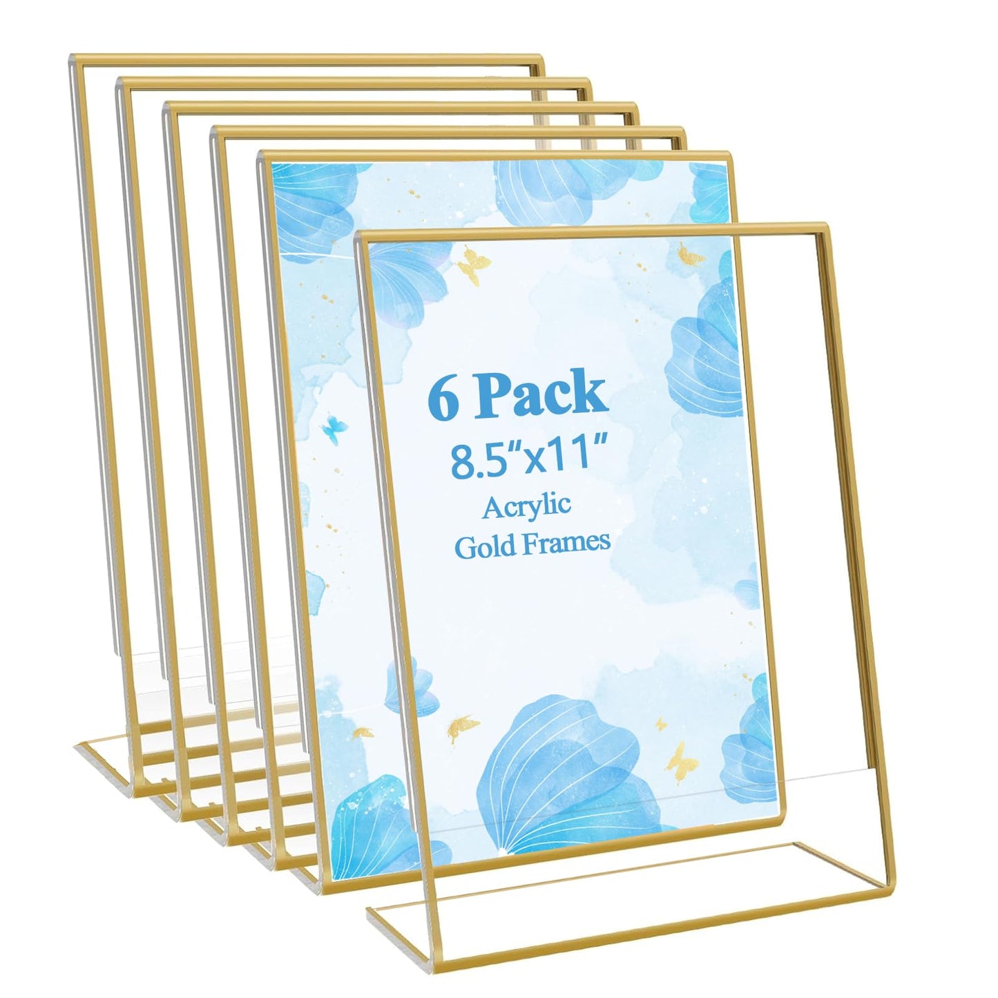 6 Pack Acrylic Gold Frame, 8.5 x 11 Acrylic Sign Holder, Clear Gold Picture Frames, Slanted Back Table Sign Holder Stand for Wedding Table, Restaurant Signs, Photos and Art Display