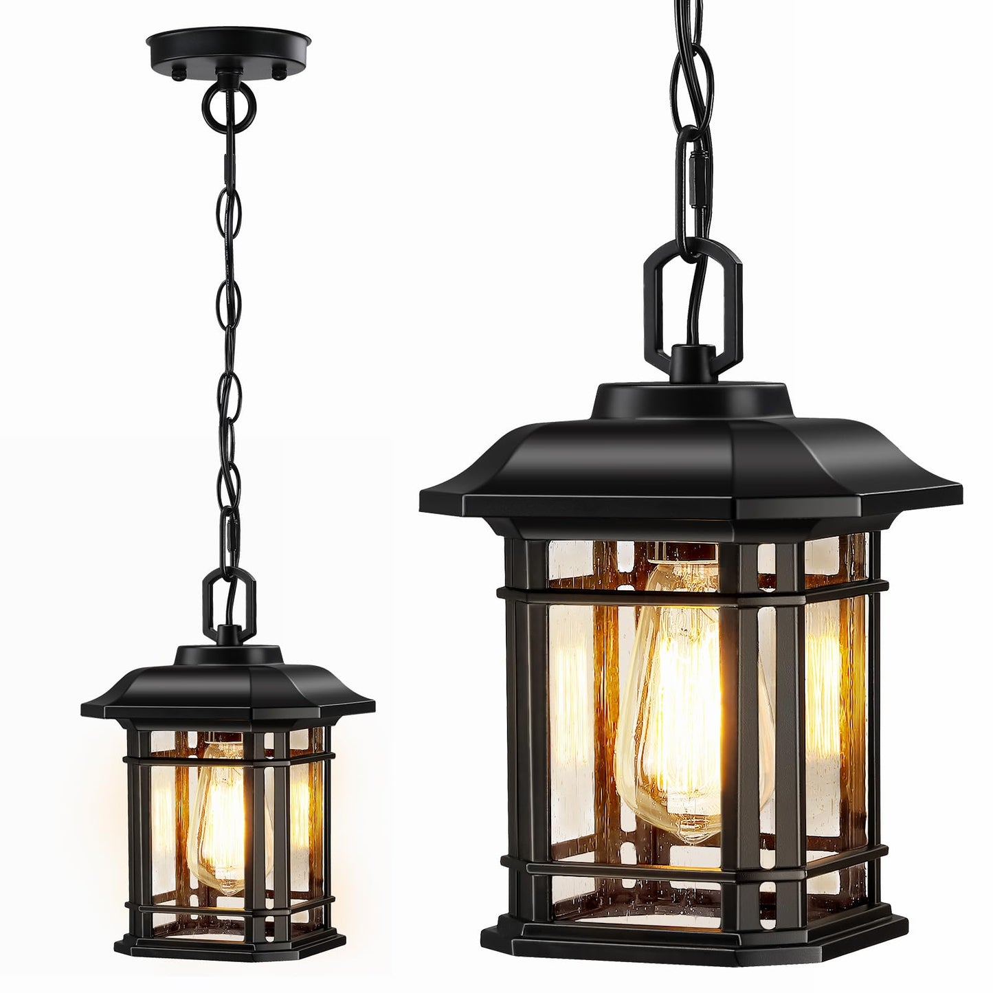 MYHXQ 11'' Outdoor Pendant Lights for Porch, Black Exterior Hanging Lanterns Outdoor, Farmhouse Outdoor Ceiling Light Fixture, Waterproof Tempered Seed Glass Outdoor Chandelier, 1Pack