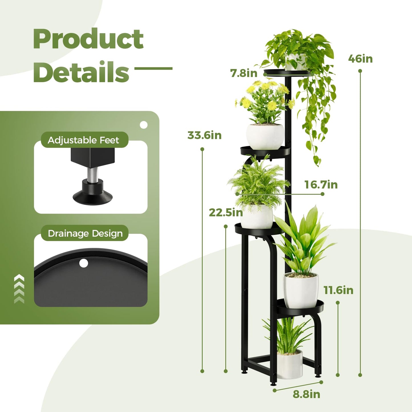 Bamworld Tall Plant Stand Indoor Outdoor, Corner Metal Flower Pot Stands for Multiple Plants, 4 Tier Heavy Duty Plant Shelf for Patio Garden Balcony Living Room Bedroom, Black