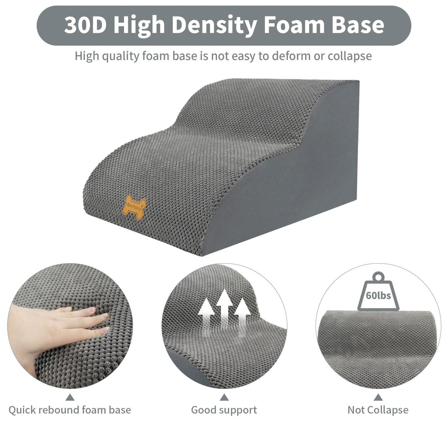 Nepfaivy Dog Stairs for Small Dogs - Pet Steps for Bed and Couch, Anti-Skid Dog Ramp with Removable Cover for Short-Legged Dogs, Arthritic Dogs or Senior Dogs, Grey, 2 Steps