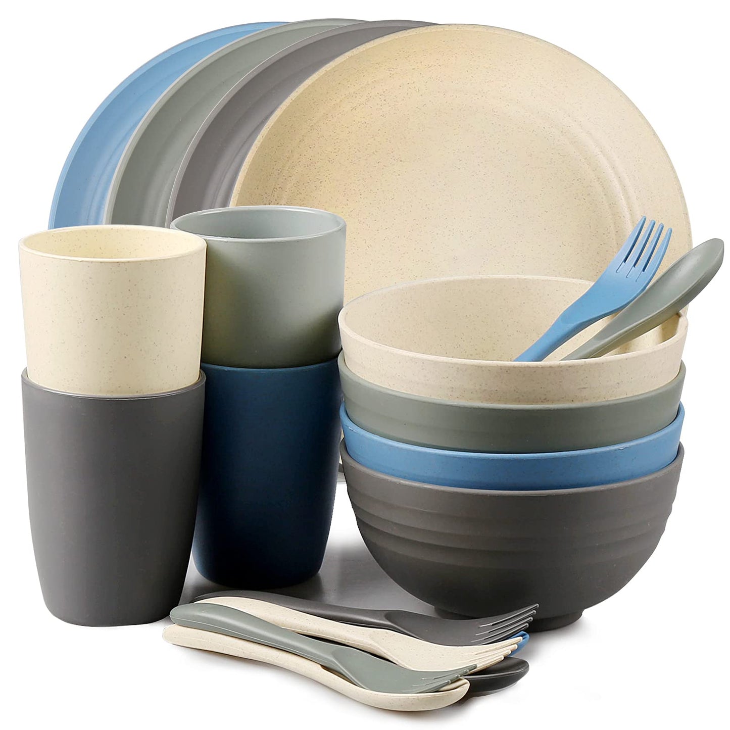 20 PCS Wheat Straw Dinnerware Set for 4 - Unbreakable Plates, Bowls, Cups & Cutlery - Microwave/Dishwasher Safe for Camping & Outdoor - Coastal Color