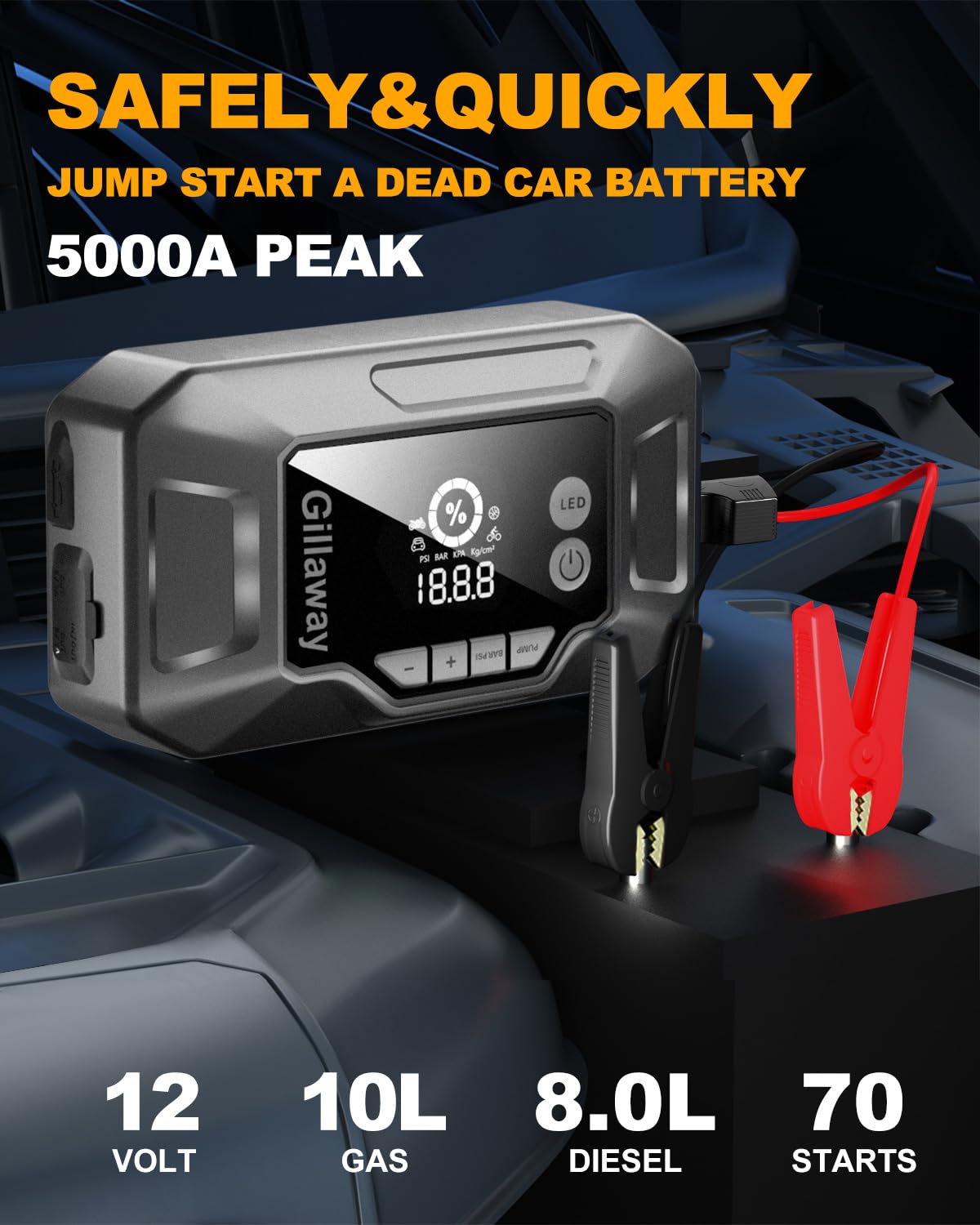Gillaway Q11 4000A Jump Starter, Portable Car Jump Starter with Air Compressor, 150PSI Car Battery Jump Starter (9.0 Gas/8.0L Diesel), 12V Jump Box Car Battery Jumper Starter with Large LCD Display