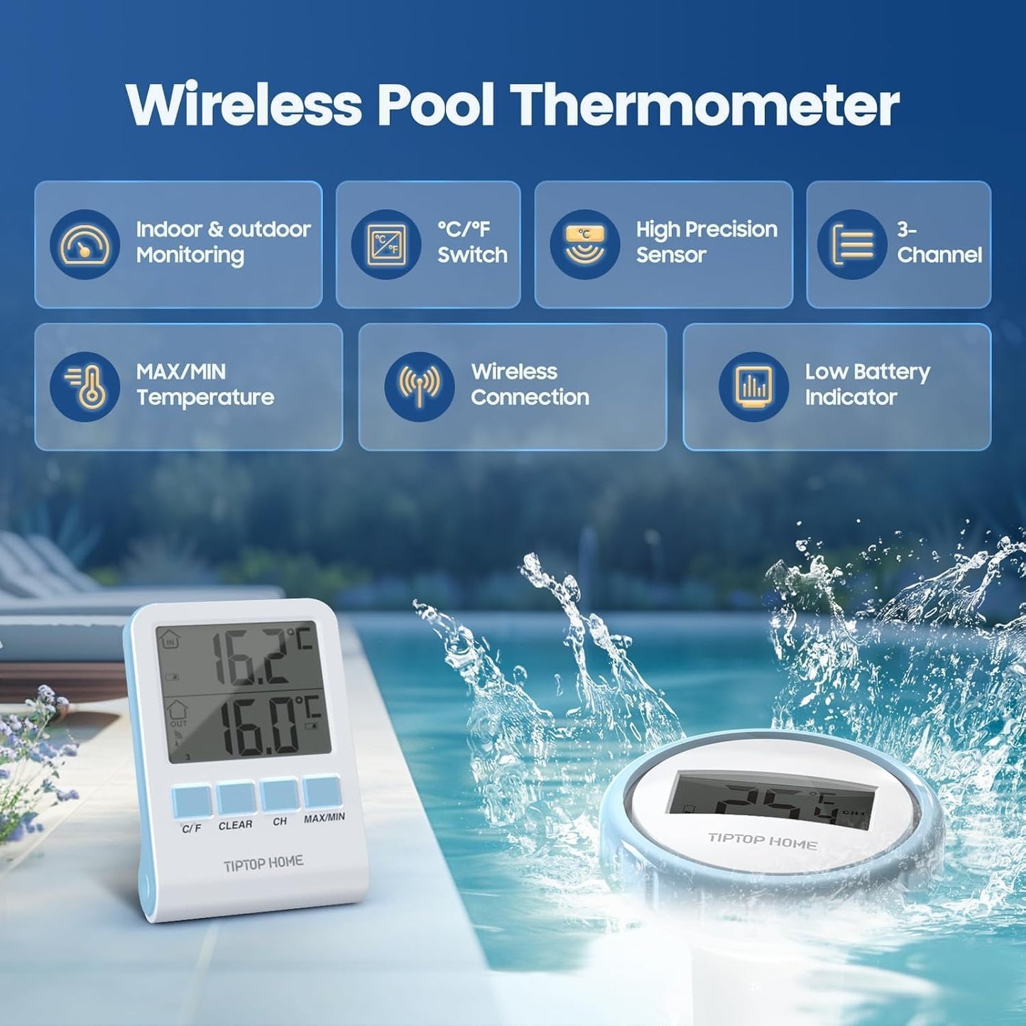 Pool Thermometer,Wireless Floating Pool Thermometer Easy Read,Outdoor Digital Thermometers with Indoor Temperature Monitor,IPX7 Waterproof and High Accuracy for Swimming Pool,Bath Water (Blue)