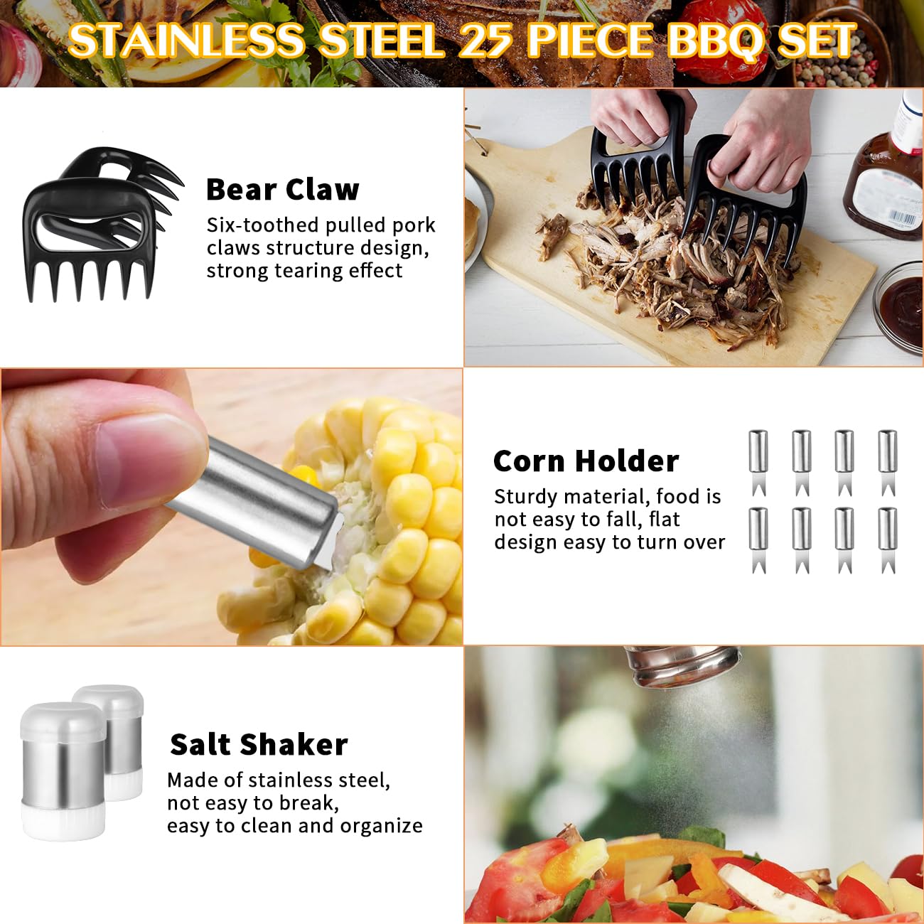 25 PCS BBQ Grill Accessories Tools Set, Stainless Steel Grilling Accessories Kit with Storage Case for Indoor & Outdoor Use, BBQ Utensils Set for Camping, Kitchen, Party, Backyard Barbecue (25 PCS)