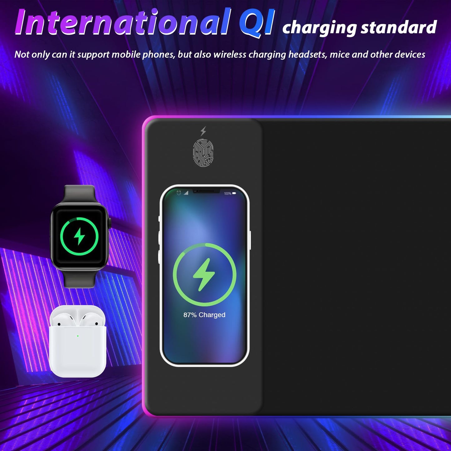 Wireless Charging RGB Gaming Mouse Pad, LED Mouse Pad 800x300x4MM, 14 Light Modes Extra Large Mousepad Non-Slip Rubber Base RGB Desk Mat for Gaming, MacBook, PC, Laptop, Desktop Acessories