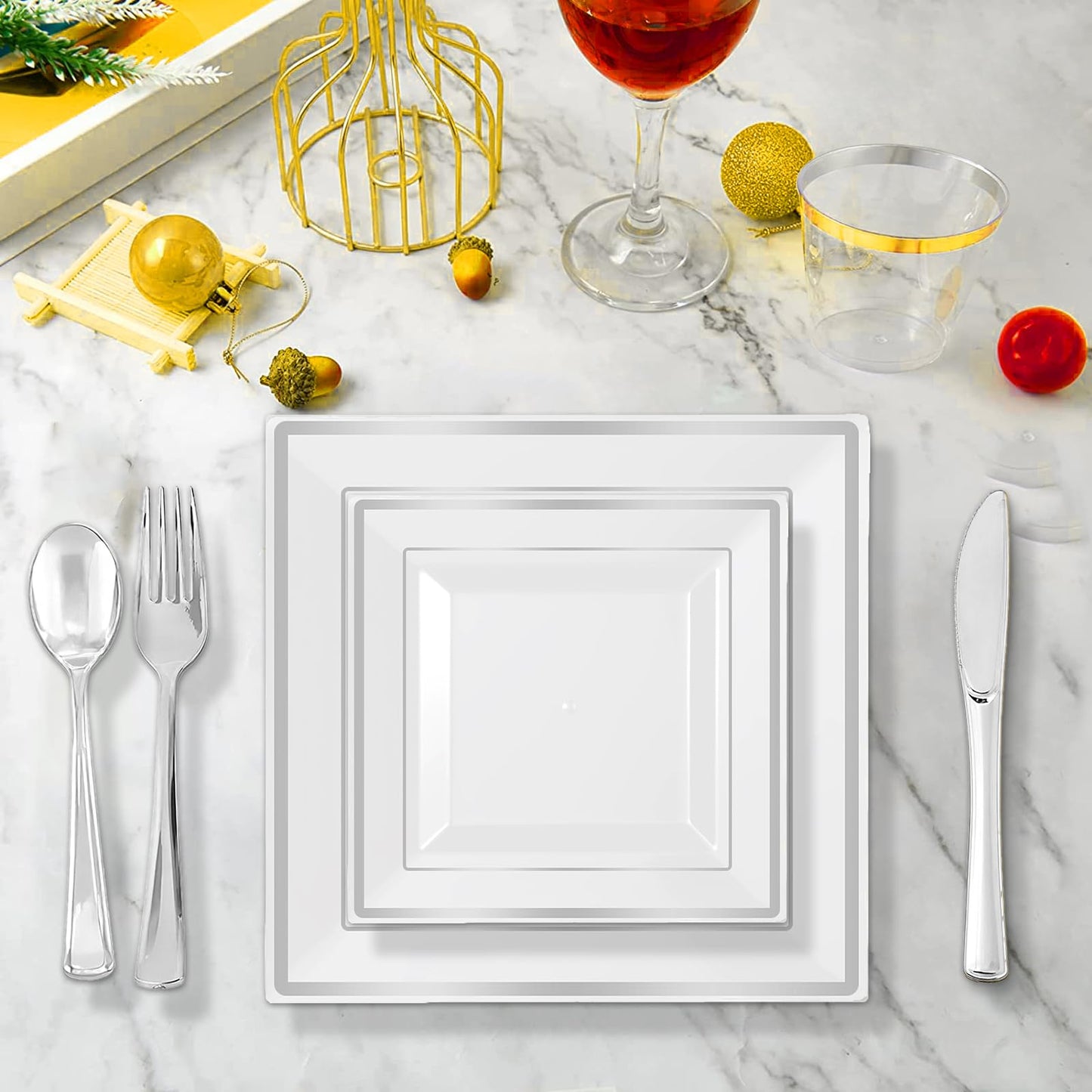 175 Pcs Silver Square Plate with Disposable Silverware, Silver Plastic Dinnerware Set for 25 Guests, Including 25Dinner Plates, 25Dessert Plates, 25Cups, 25Napkins, 25Cutlery Set