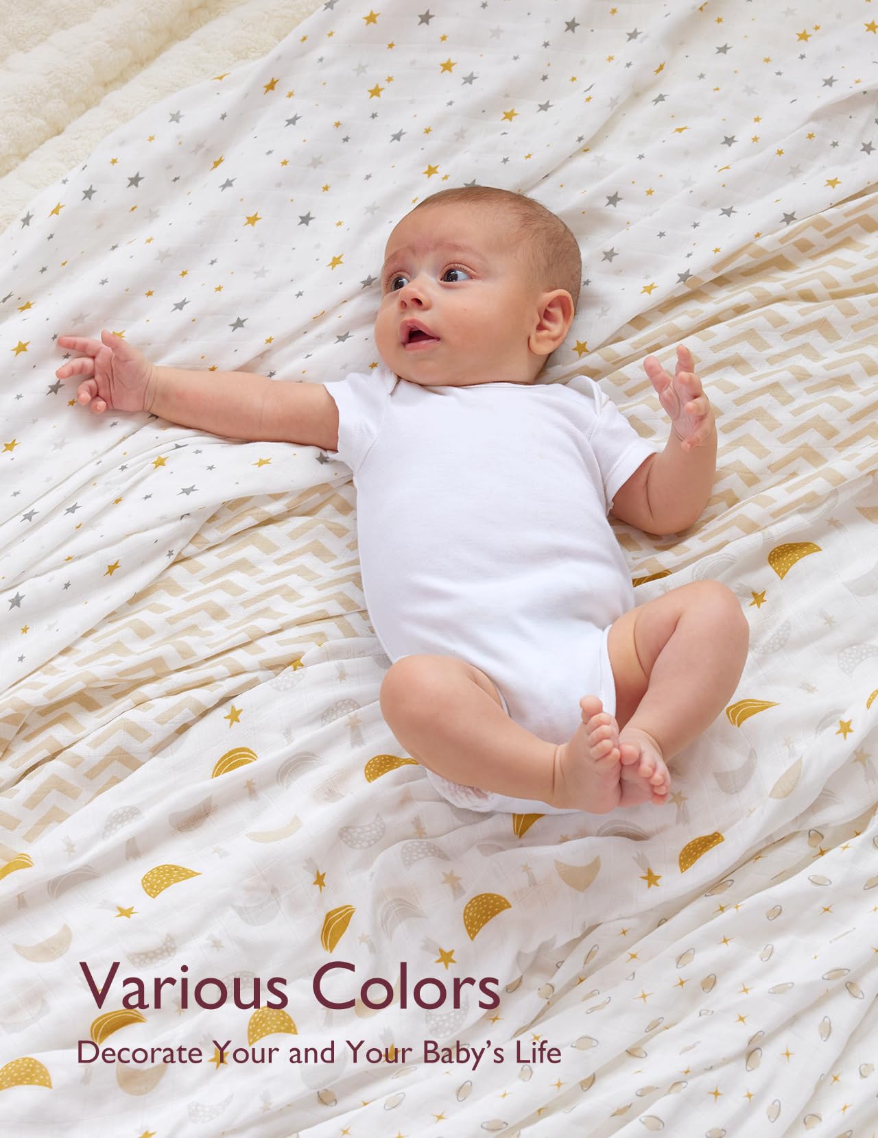 Momcozy Muslin Swaddle Blanket, 4 Pack Ultra Soft Neutral Swaddle Blankets, Breathable Large 47'' x 47'' Baby Infant Newborn Essentials, Boys Girls Receiving Blanket, Beige Star