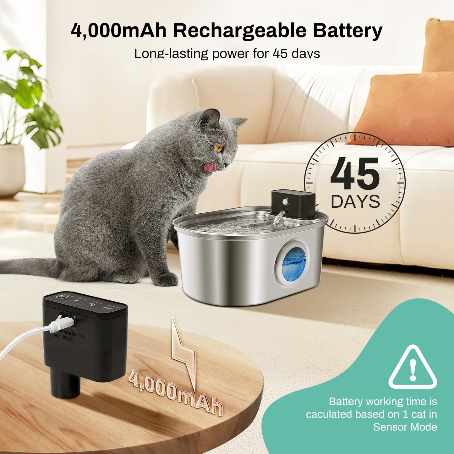 BFLICROY 3.2L Cordless Cat Water Fountain, Automatic Stainless Steel Pet Water Fountain with Motion Sensor, 4,000mAh Rechargeable Battery Operated Cat Water Dispenser, Ultra Quiet Drinking Fountain