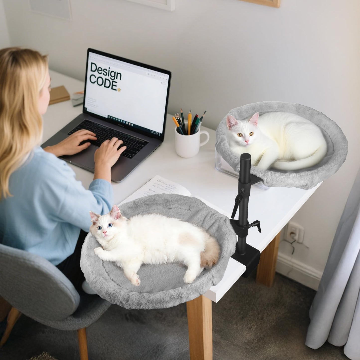 Double Cat Desk Bed - 2 Large Layers Cat Perch with 360° Rotating & Adjustable Height, Kitten Nest for Desktop with 2 Washable Soft Covers, Kitten Hammock Bed Mount for Home Office Grey