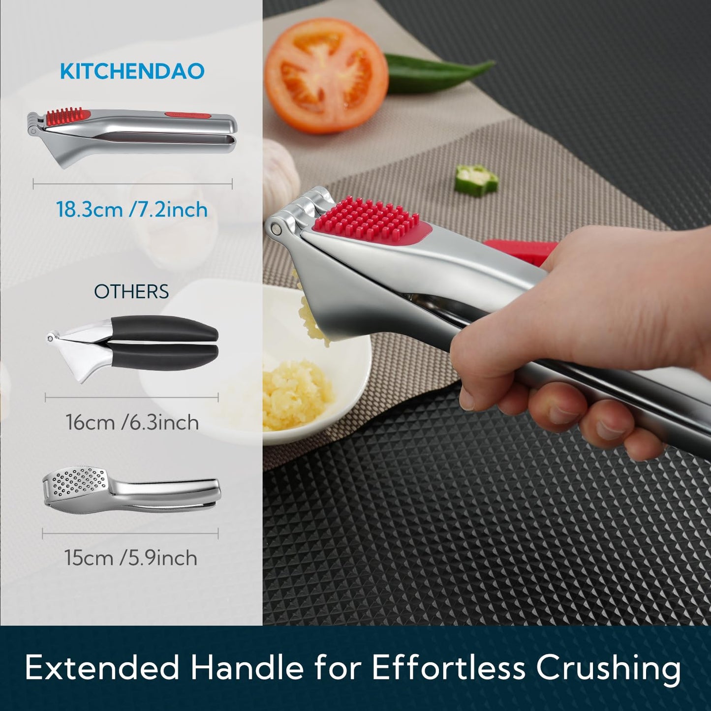 KITCHENDAO No Peeling Garlic Press with Large Chamber,Heavy-Duty Garlic Press with Built-in Scraper & Cleaning Pusher, Zinc Alloy Garlic Mincer, Dishwasher Safe