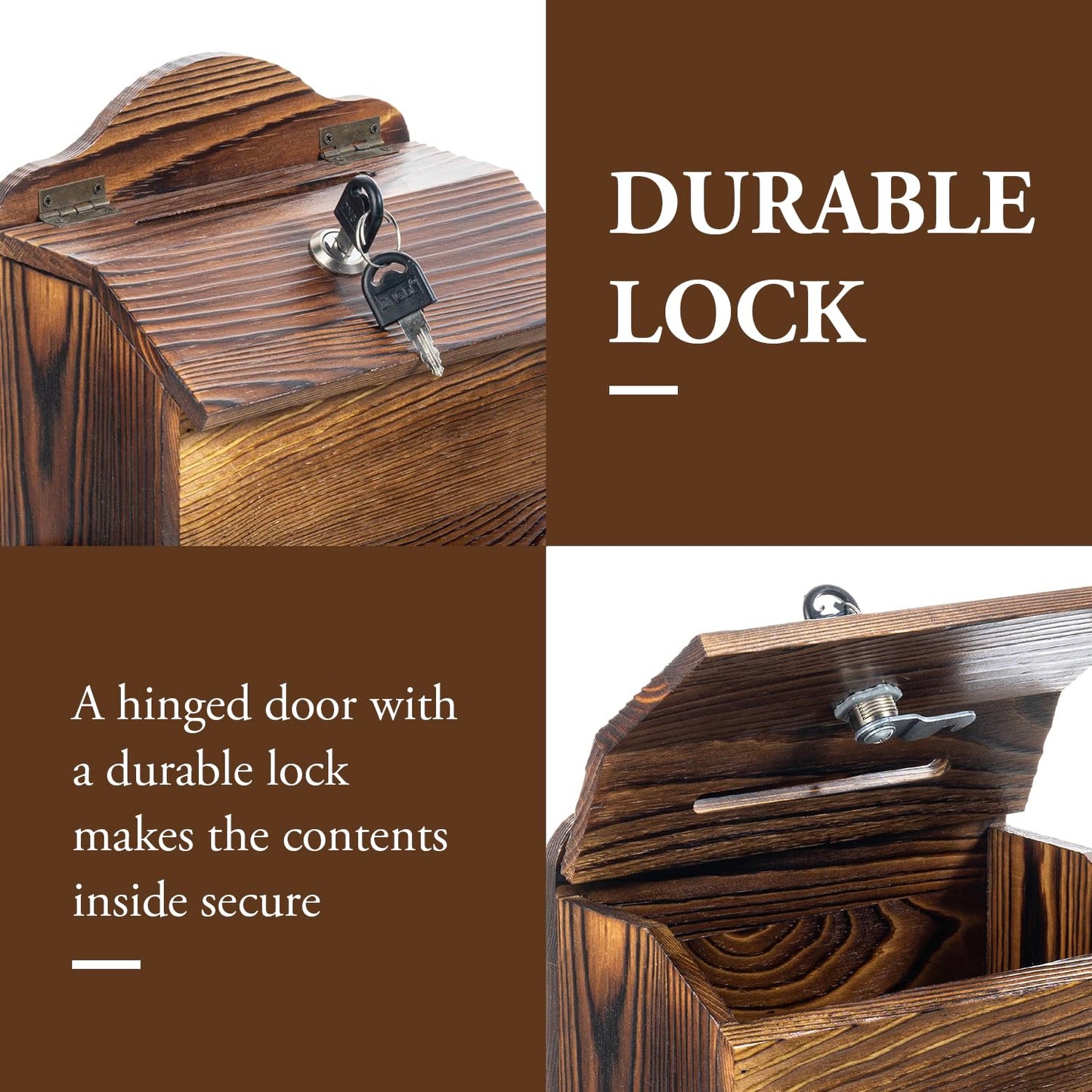 MyGift Suggestion Box with Slot and Lock, Donation Box for Fundraising, Complaint Case with Paper Sheet and Pen Holder Slots,Wall Mounted or Tabletop, Rustic Burnt Solid Wood